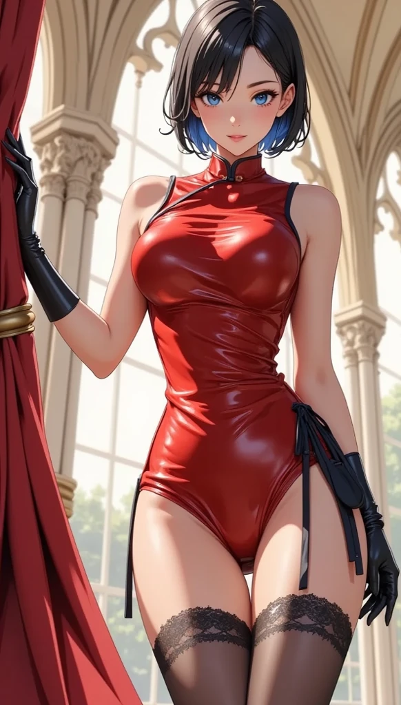 mai shiranui、((Beautiful assassin with a knife))1.2, Bare shoulders, Brown High Ponytail, Brown eyes, hair tie, Heavy makeup, 1 persons、30 years old、, Slim Face、Japan mature woman, 8K, Perfect beauty: 1.4, ((Small breasts:1.2)) , Slim abs: 1.3、long and thin legs:1.0、Colossal tits:1.0、Nikon Z 85mm, ((Best Quality)) ,((masutepiece)), intricate detailes, Professional, Realistic, Real life, Photorealistic, ighly detailed、 Full body, stylish hair, Glowing eyes, Shiny skin, big breasts thin waist, Extremely delicate and beautiful, Perfect clavicle, Detailed eyes, ((No bra)), ((Navel Ejection、Wide Open Chest Mini Dress、Super Long Gloves)):1.2,a necklace、(Standing pose in the luxurious toilet of the hotel:1.2), Beautiful eyelids、Hair Ornament, ear ornament、(Long boots with high pin heel):1.2、full body photographed:1.0、NSFW:1.6、Shot from below:1.4