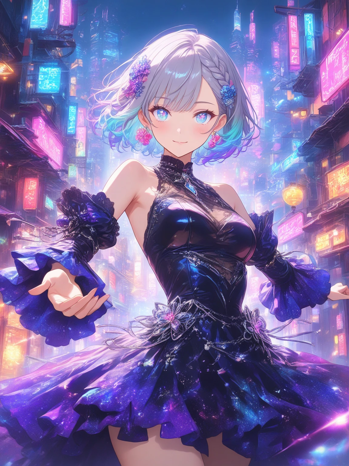 Highest quality、High resolution、Detailed Background、Beautiful face in every detail、Normal number of fingers、Highly detailed face、Detailed eyes、Beautiful women in their 20s、Perfect body line、Light color hair、Bobcut、Wavy Hairstyle、well-groomed eyebrows、mysterious、romantic、Dress with confidence、Feminine delicacy、Model pose、

(Two beautiful models smiling broadly at a night party:1.5)、

Tops and dresses that reveal skin、Off-the-shoulder, deep neckline, backless、Lightweight and see-through materials、Sexy one piece、Body-conscious designs and those with slits、Open back and side design、Enhance your sexiness、Pair with heels or strappy sandals、Her feet are sexy too、very beautiful