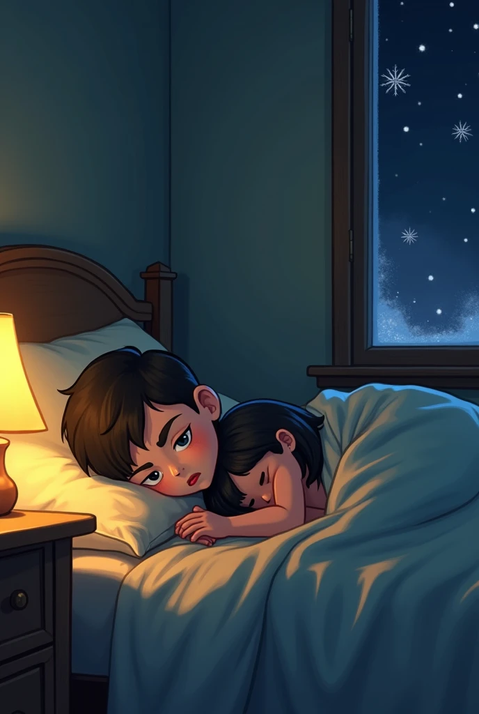 In a room a double bed and a window a women and boy sleeping at night and maffeld a blanket some lights coming through window ,realstic