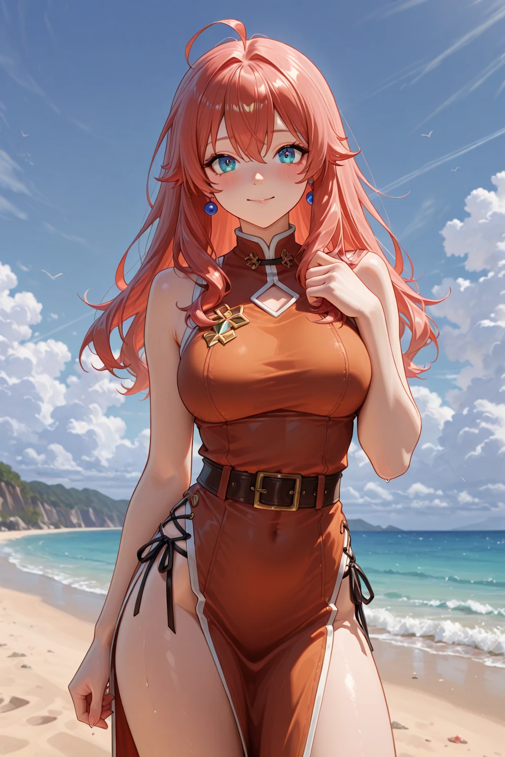 Raphtalia in blue swimsuit and sexy open toe platform high heels on the beach
