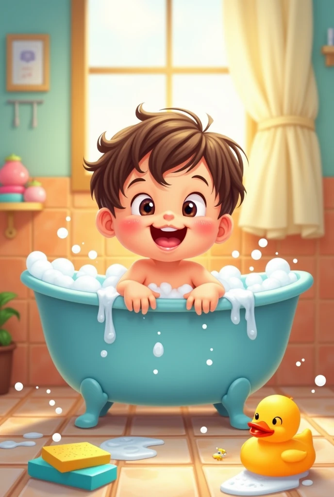 Child bathing (turning on the shower, getting wet, scrubbing and rinsing and drying) illustration