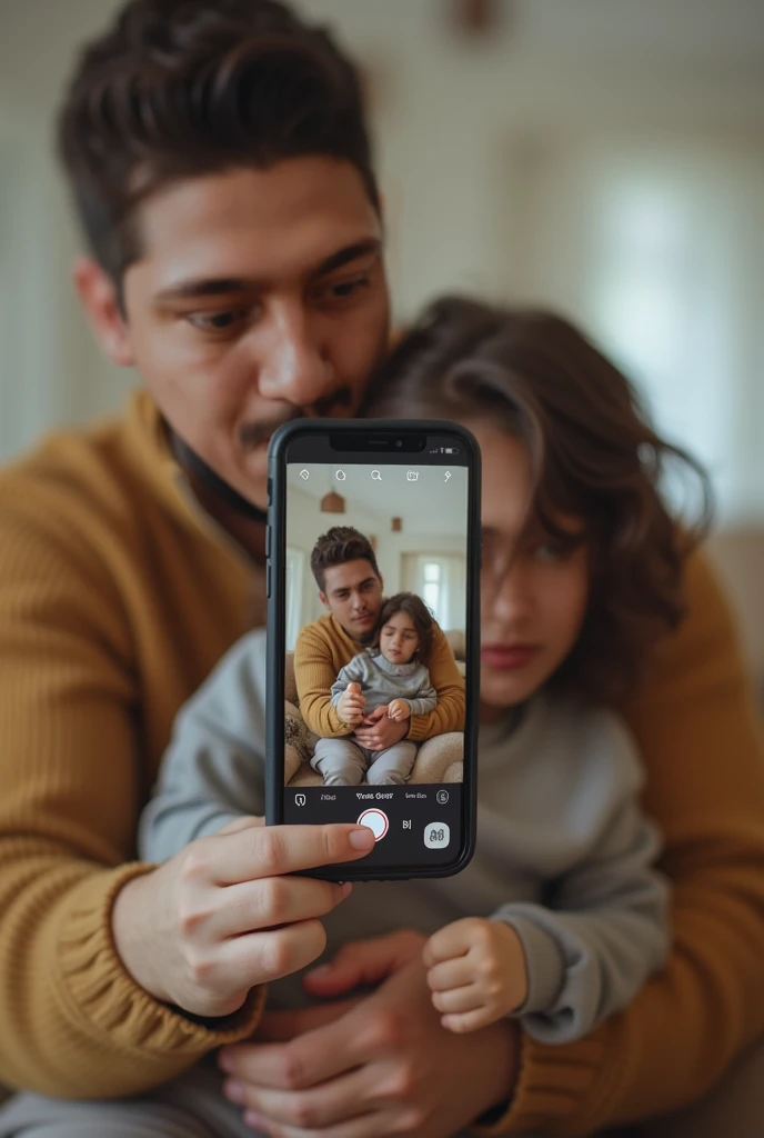 cenario: a considerably luxurious room, family photo in front of the mirror, onde a mulher segura o celular para tirar a foto e a criança é held by pai
uma mulher magra, medium brown wavy hair, com um look casual. your baby, held by.naughty man, she is wearing a dress. o naughty man esta vestido esportivamente