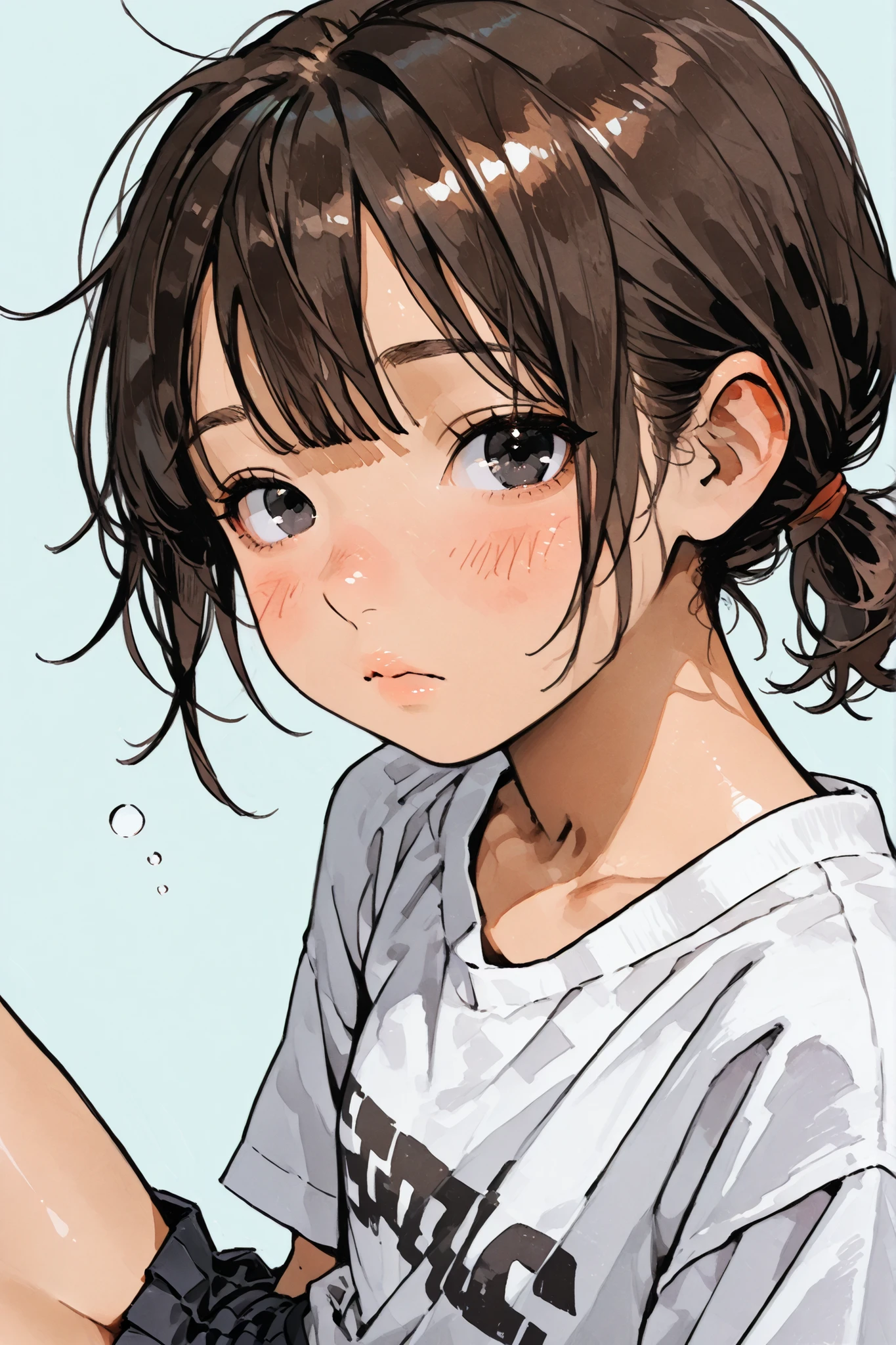 1girl,Super Detailed,absolute resolution,(dynamic angles),(tanned skin:0.3),(portrait),((pinup)),,from side,
sleepy,beside viewer,
white t-shirt,(Uniqlo style t-shirt),((untucked T-shirt)),black pleated miniskirt,Bare Foot,
detailed and beautiful face and eyes,black eyes,eyes reflection,Japanese girl,flat chest,(round nose:0.5),
brown hair, low ponytail,short ponytail,choppy bangs,(messy hair:0.7),
(blush:0.7),(nose blush:0.7),,Watercolor anime,

