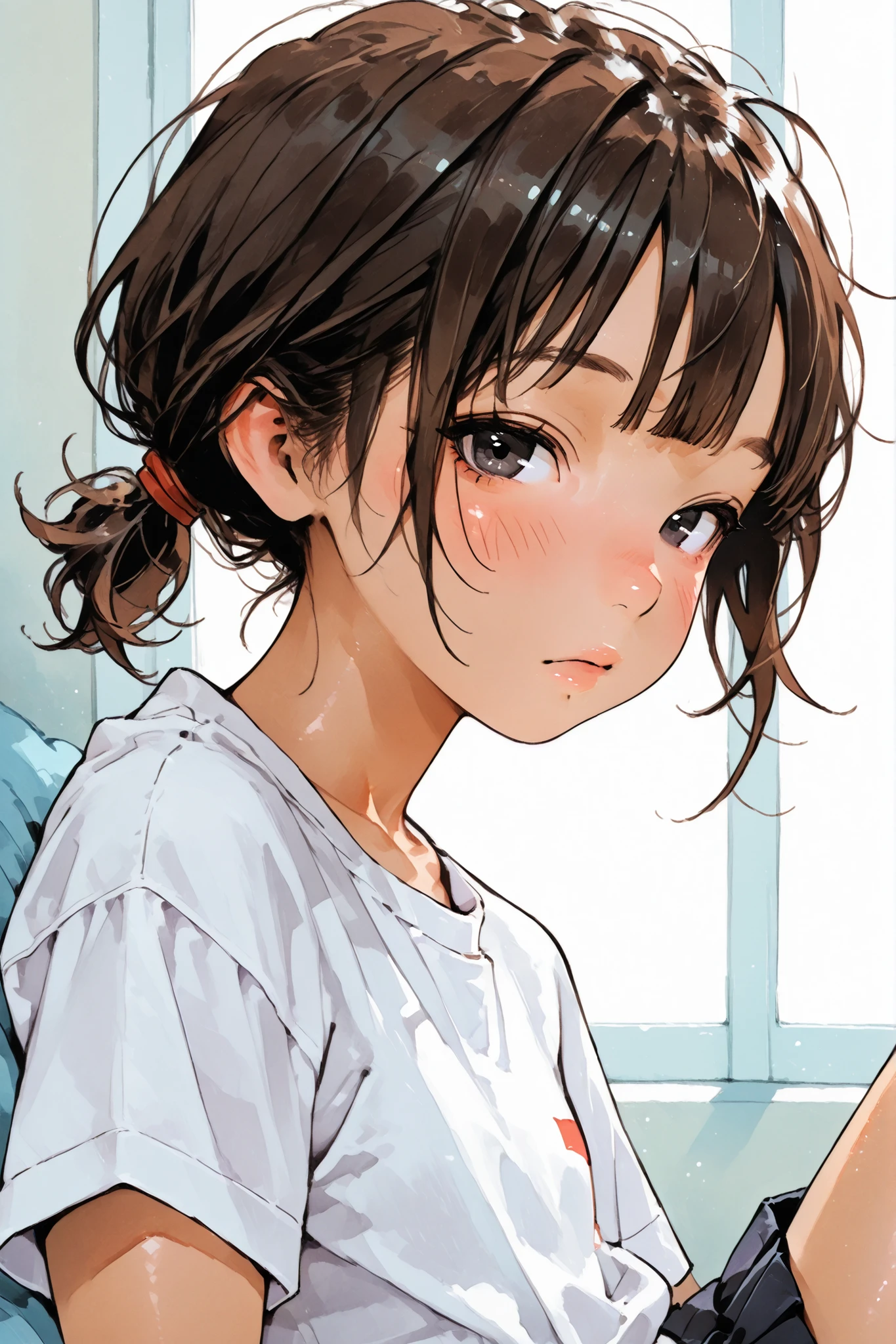 1girl,Super Detailed,absolute resolution,(dynamic angles),(tanned skin:0.3),(portrait),((pinup)),(close-up),from side,
sleepy,beside viewer,
white t-shirt,((untucked T-shirt)),black pleated miniskirt,Bare Foot,
detailed and beautiful face and eyes,black eyes,eyes reflection,Japanese girl,flat chest,(round nose:0.5),
brown hair, low ponytail,short ponytail,choppy bangs,(messy hair:0.7),
(blush:0.7),(nose blush:0.7),,Watercolor anime,

