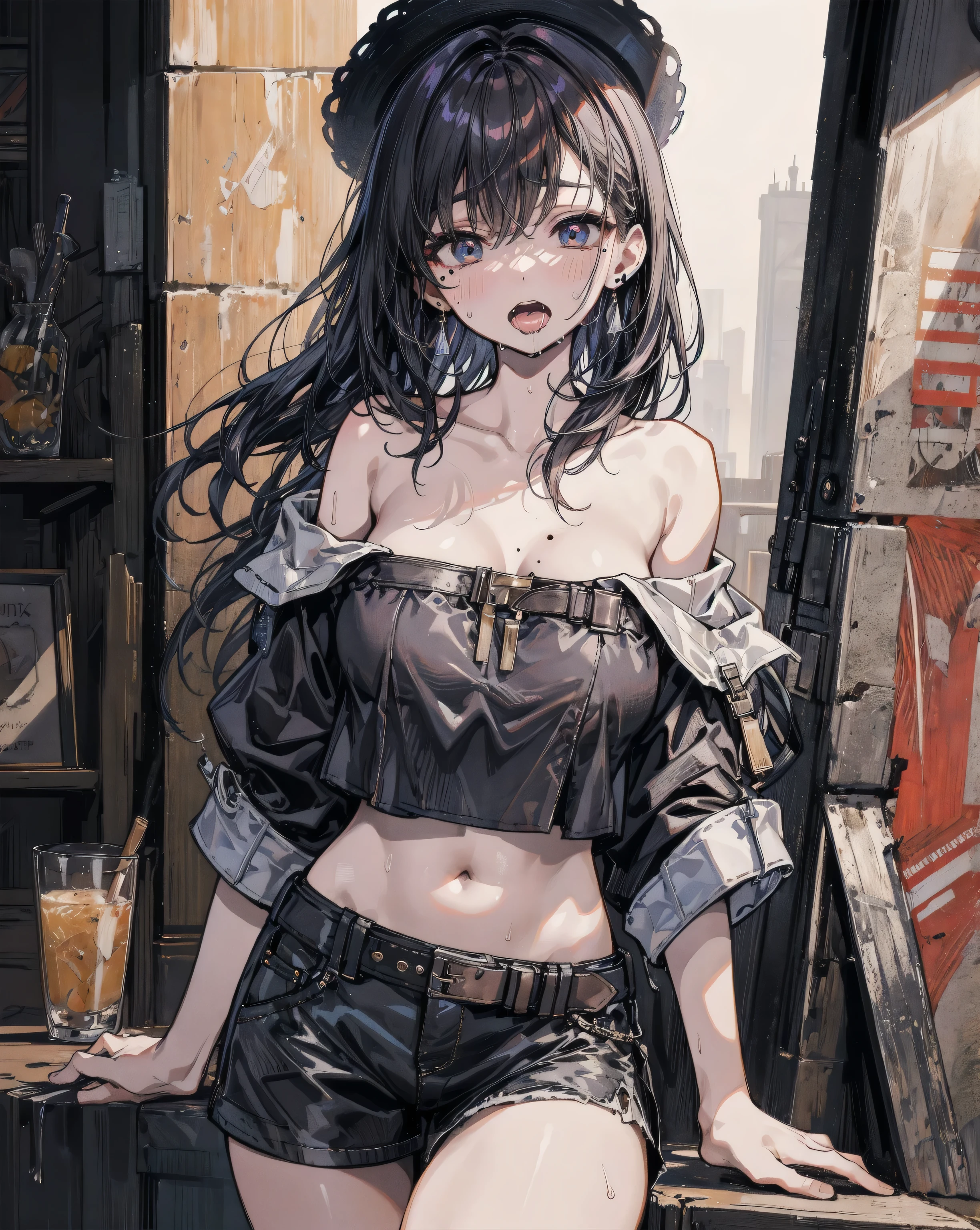 (detailed), (((robot girl))), ((robot)), (Arabic characteristics), ((brown sheepskin jacket)), ((pelo negro rizado free hair)), ((free hair)), (calm face), ((black high boots)), (((whole body))), ((in a cyberpunk slum without humans)), ((women)), ((only one person)), (At noon), (((naked))), ((((vagina visible)))), NSFW