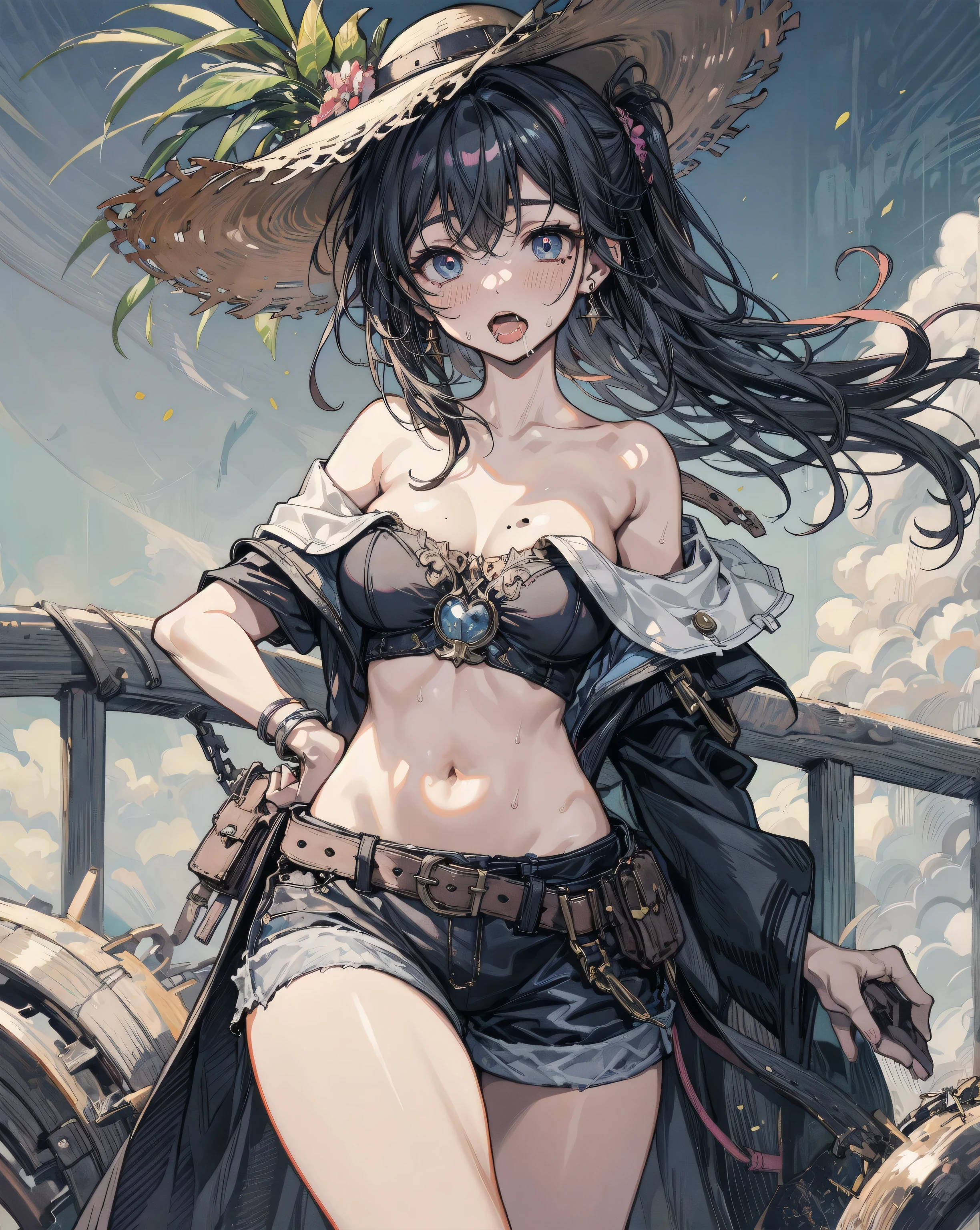 absurdres, RAW photo, extremely delicate and beautiful, masterpiece, Best Quality, ultra high resolution, 32k, hyperrealistic, ultra-detailed, detailed description, perfect anatomy, pale skin, 20 years old, detailed beautiful face and eyes, tearful mole, earring, short medium hair, wavy hair, whole body shot, colossal tits, cargo shorts, bare collarbone, Crop top, straw hat, outdoors,