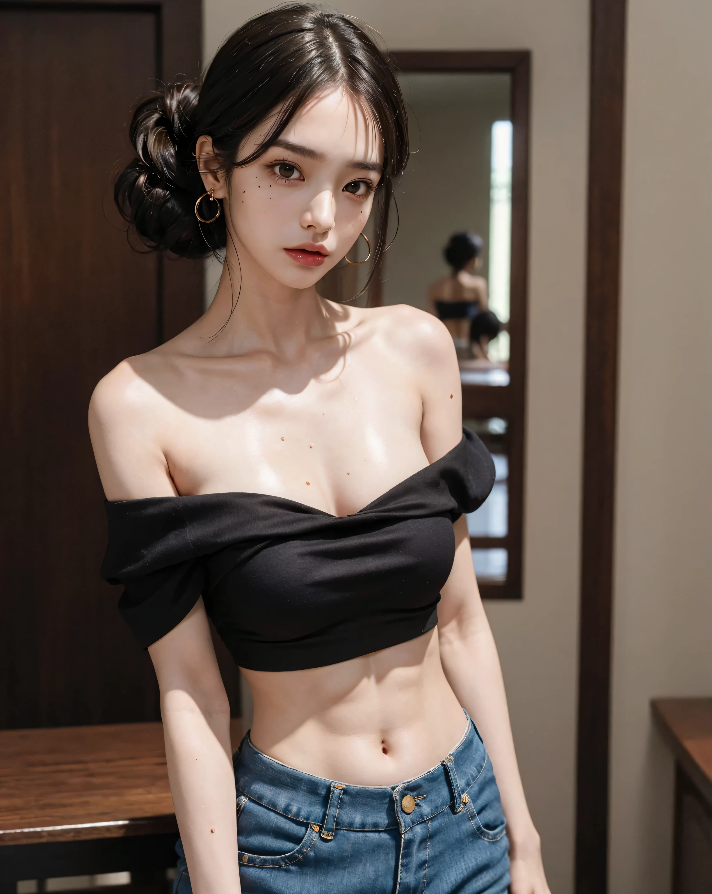 best quality, masterpiece, high resolution, 8k, (reality적인: 1.4), Ultra high resolution, 1 girl, very detailed, 초reality적인, very detailed CG 일러스트레이션, official art, Cinematic Light, reality, Young and beautiful girl, perfect looks, perfect looks, See all, perfect body, (Get started below: 1.3), mask, pose, sexy long legs, trust, Beautiful sexy, Grey short sleeves, abdominal opening, Black super shorts, S-shaped body, Hips facing up, assumption, pose를 취하는 것, Diverse perspectives