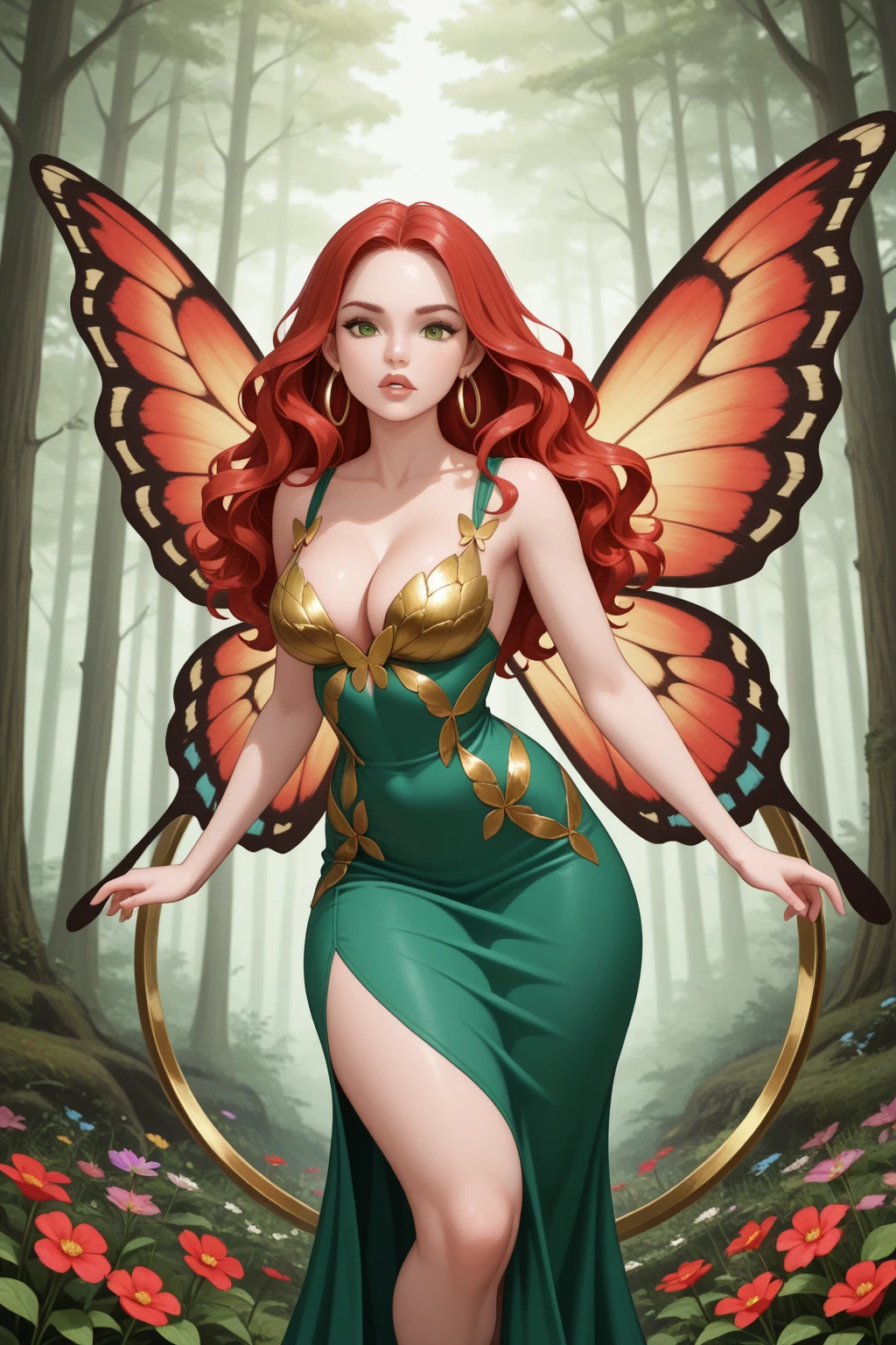 a full body image of a fairy, with long, curly orange hair, she has green eyes, she is smiling, she has large breasts and she is wearing a sparkling black dress, with a thin, gold belt at the waist and she is wearing pink high heel shoes.