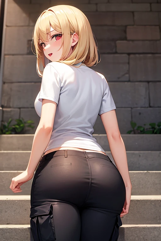 Cynthia, Cynthia from pokemon, solo, 1 girl, masterpiece: 1.2, no smile, hair_over_one_eye, medium_breasts, full body, in a park, kneeling on the grass, turning her back to the viewer, looking over the shoulder, casual clothes, blue blouse, short-sleeved blouse, sweatpants, black pants, she lowers her pants to show her underwear,  White panties, tight panties, over her hands and knees, from behind position.