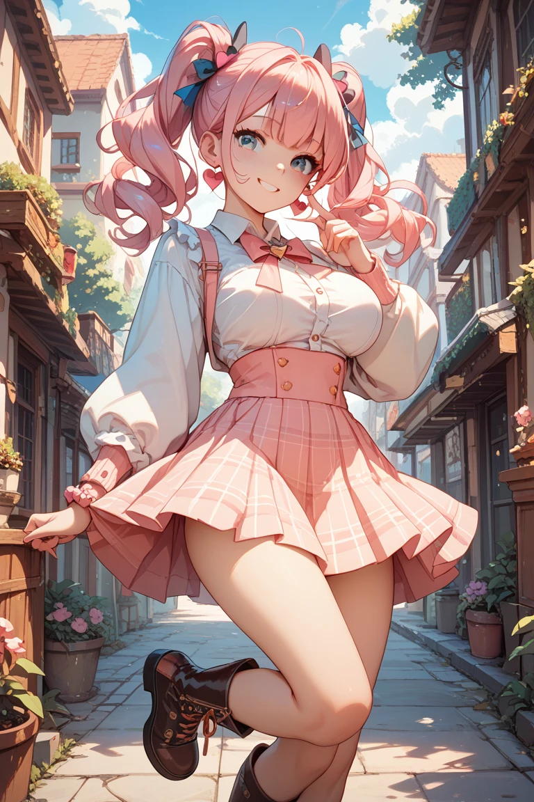 1girl,cowboy shot, beautiful nora_valkyrie, breasts, looking at viewer, blush, smile, short hair, bangs, blue eyes, skirt, thighhighs, gloves, holding, hair between eyes, jewelry, medium breasts, collarbone, full body, boots, orange hair, grin, shiny hair, white thighhighs, hammernight, outdoors, park, (volumetric lighting), best quality, masterpiece, intricate details, tonemapping, sharp focus, hyper detailed, heart cutout, gloves, jacket, pink skirt, pink belt, short sleeves, puffy sleeves, single armband, fingerless gloves, pink gloves, white ankle boots with pink soles, blue cropped jacket