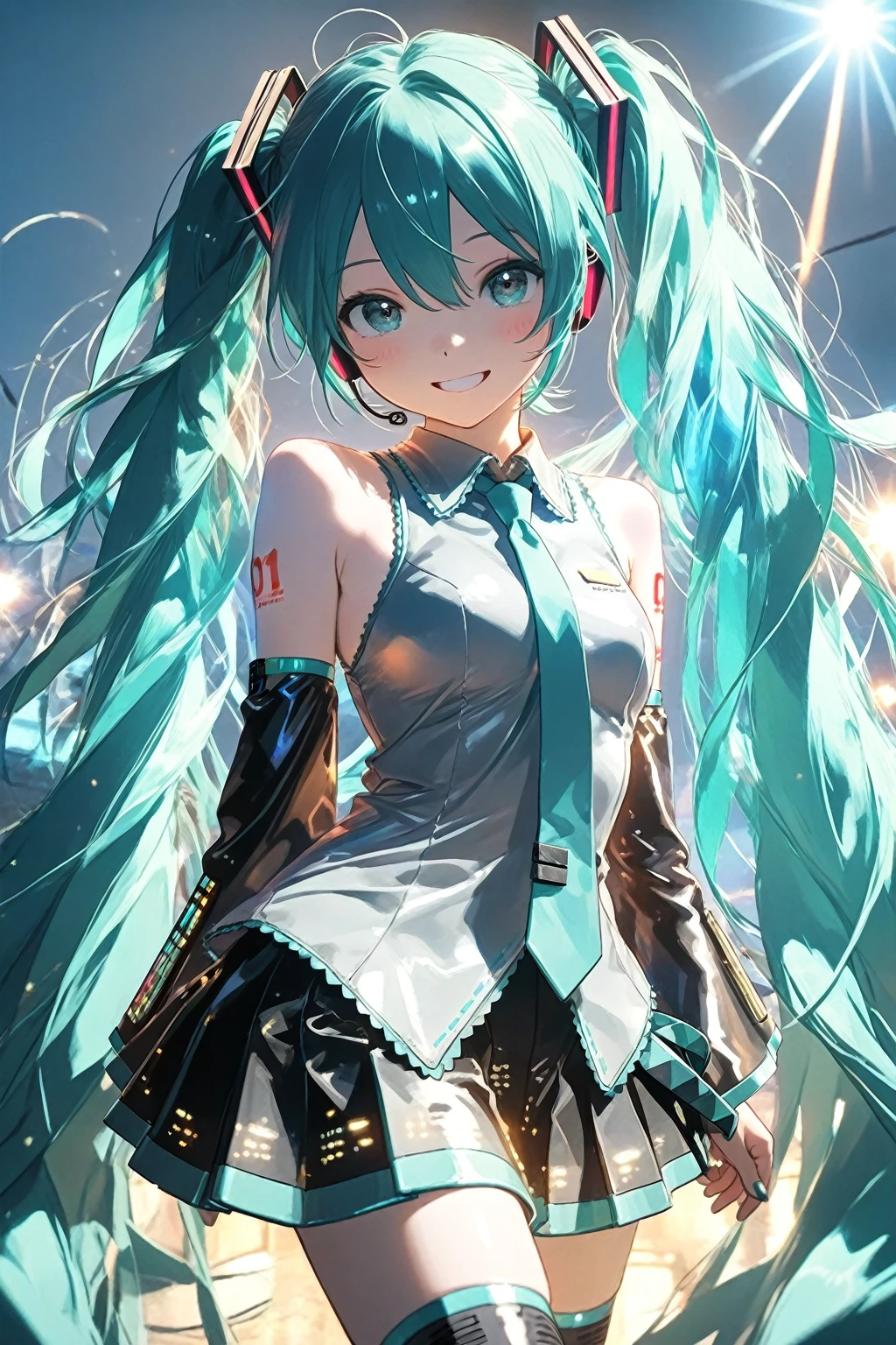 masterpiece, best quality,1girl,hatsune miku \(append\), aqua eyes, aqua hair, long hair, twintails,bare shoulders,center opening,necktie,small breasts,upper body, small breasts, looking at viewer, thighhighs,cowboy shot, outdoors, water,
