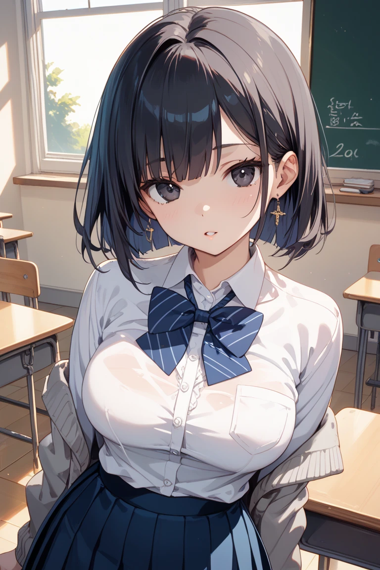 masterpiece, best quality,absurdres,(1 girl:1.3),(upper body:1.2),,(embarrassed expression:1.3), ,(blue black:1.3), shiny hair,,(light brown eyes:1.1),flipped hair,,BREAK,(naked blazer:1.3),(nipple:1.3),(small breasts:1.1),(classroom:1.1),(from above:1.1),