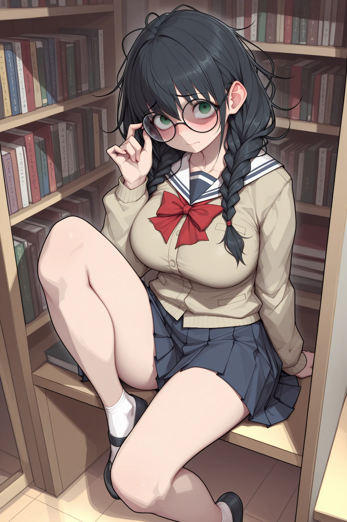 scrawny nerd girl streaking nude through the library, messy hair, panicked, blushing, surprised