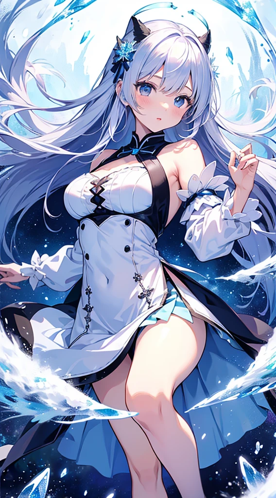 Ella tiene el cabello albino y los ojos azules y una piel de porcelana acentuada con tonos rosados, He has fox ears and a tail characteristic of his ability, both of the same grayish white tone as her hair. Suele vestir un cheongsam con apertura alos lados dandole movilidad de color azul con blanco, y unos geta de manera. Cuerpo completo y no mucho pecho