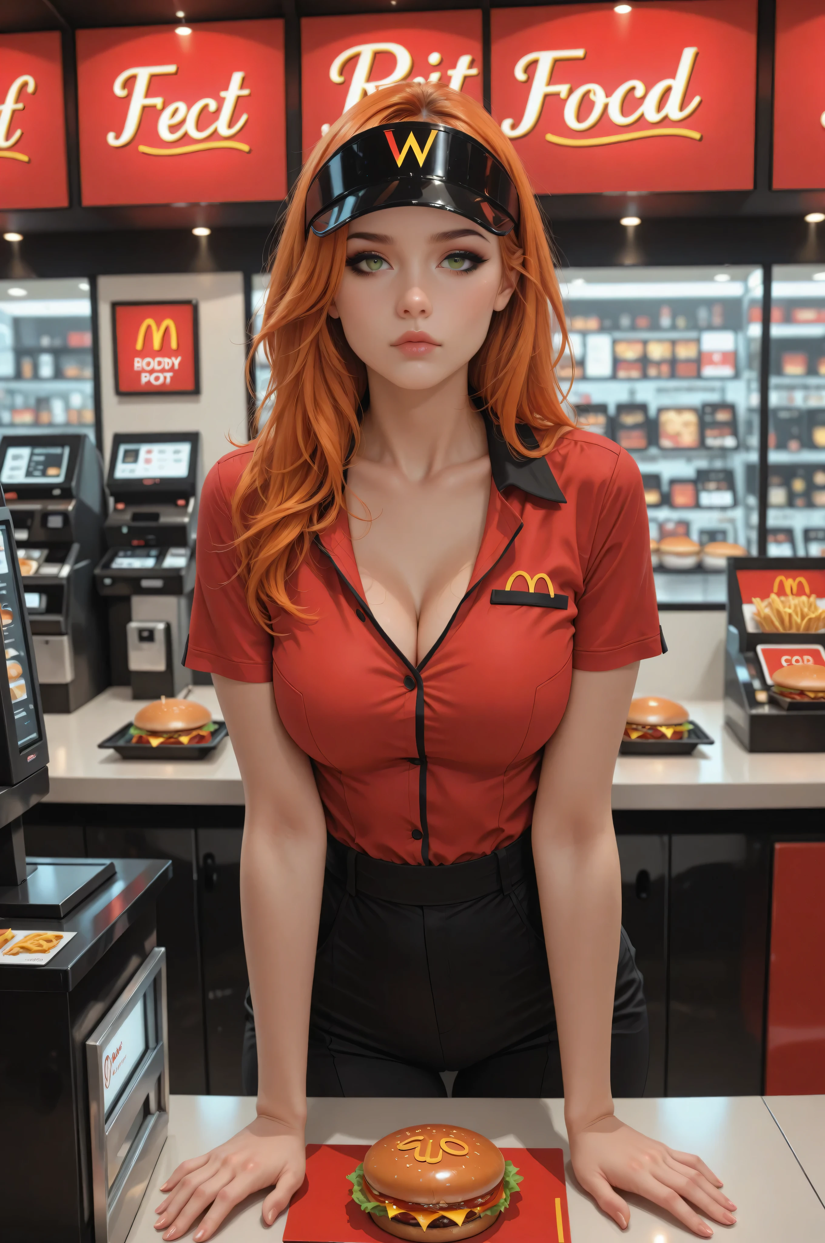 Young sensual Mexican woman 23years old wearing a McDonald's uniform, (slightly unbuttoned red shirt), (low black pants), red cap with McDonald's logo, standing behind the McDonald's counter., cashier