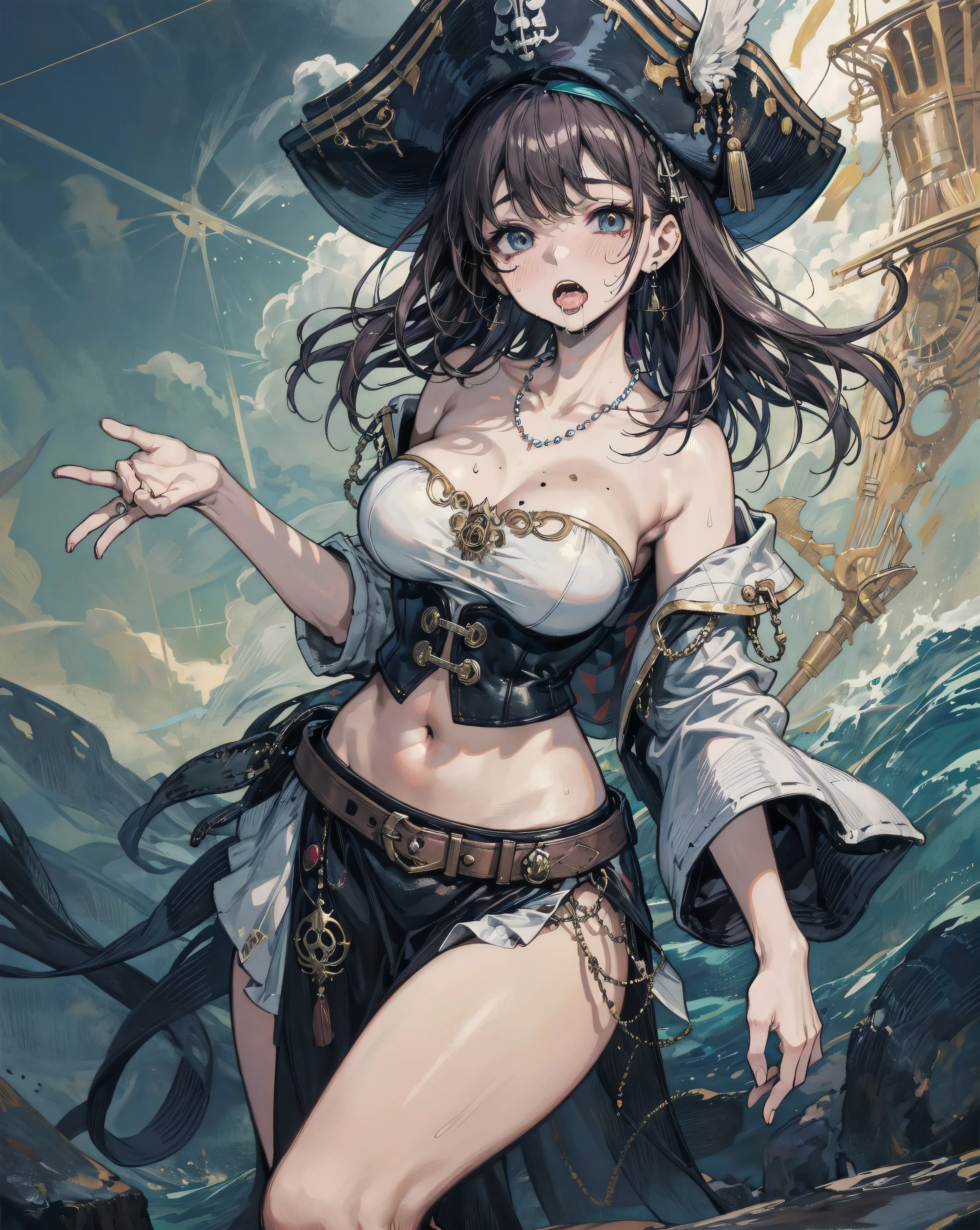 absurdres, RAW photo, extremely delicate and beautiful, masterpiece, Best Quality, ultra high resolution, 32k, hyperrealistic, ultra-detailed, delicate facial features, beautiful detailed woman, tearful mole, earring, medium breasts, full body shot, medium hair, black hair, pirate captain, intricate pirate clothing,