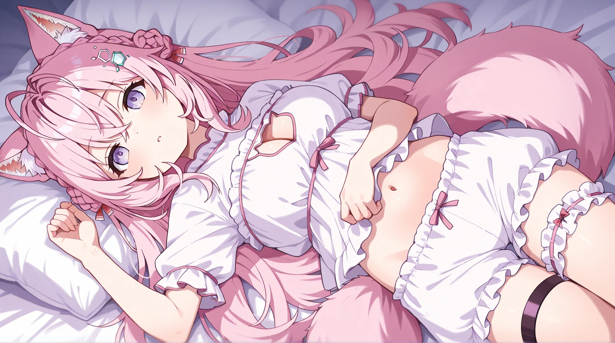 (best quality, masterpiece),full body, 1 girl solo, mine ,nsfw, details, (Light and shadow oxtail , Cute girl posing on pillow ,(Pillow), large pillow,steam, pillow humping,(pillow ride), masturbation, pillow straddling, crotch rub, hump,open mouth , kneeling,(Steaming hot),(pillow), frilled pillow, pink polkadot pillow , hatsune (princess connect), far view