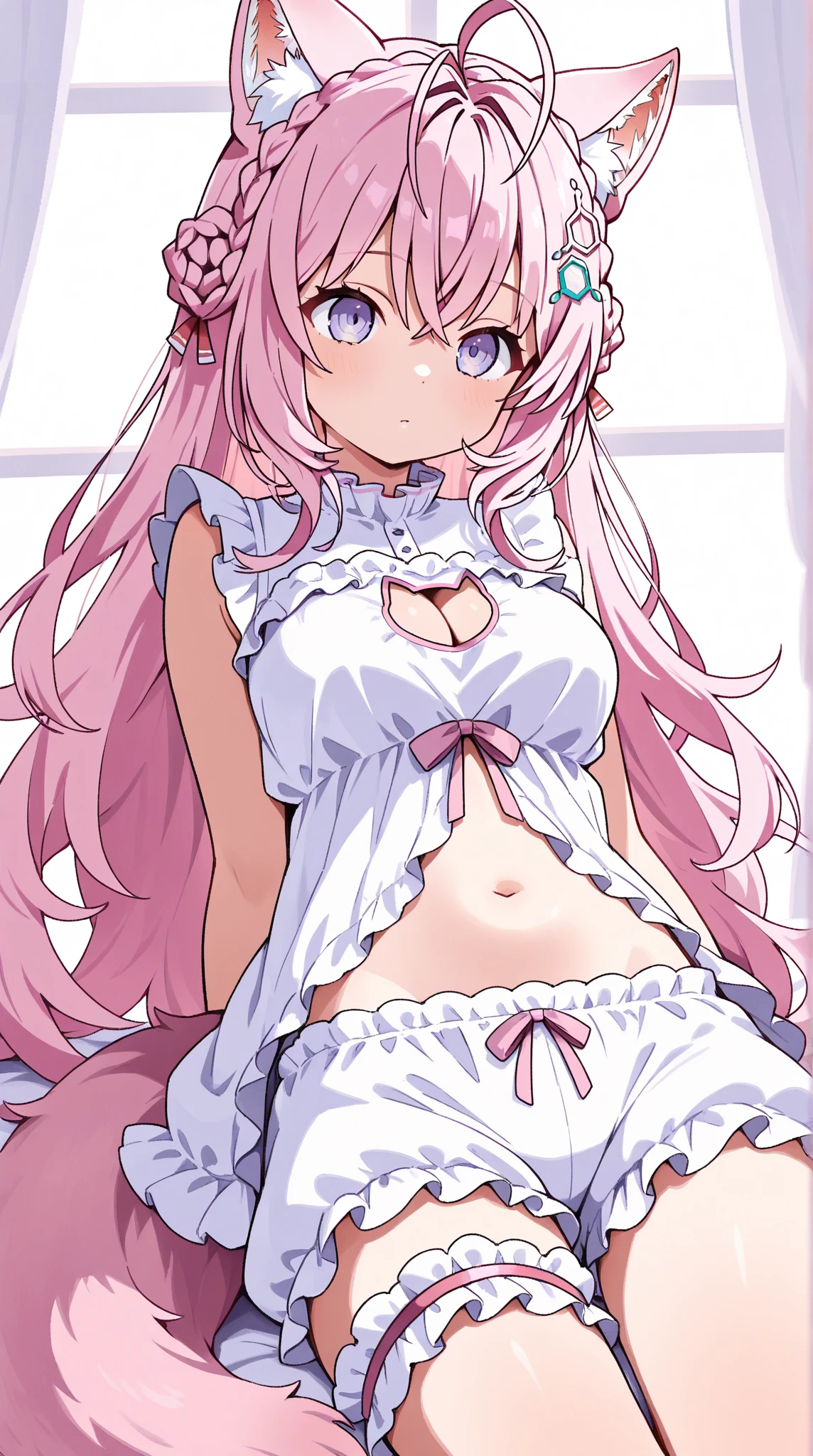 masterpiece, best quality, nsfw,
1girl, view from below,
lift up the skirt, white dress, red panties, pink hair, embarrassed face,
a lot of sweat, bedroom, late night