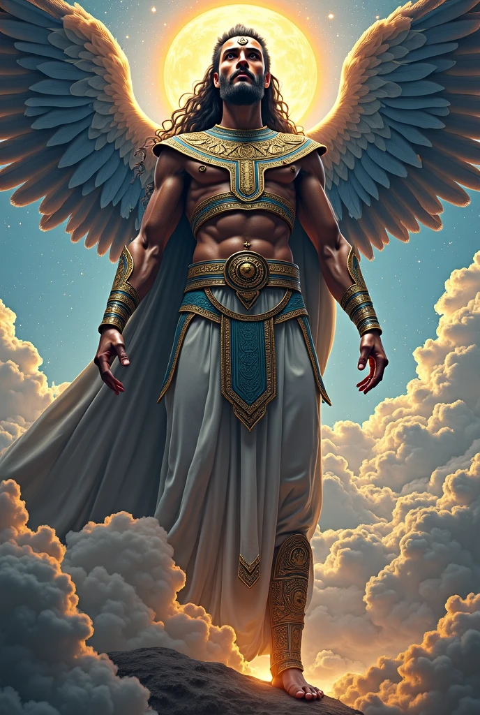 Design a dynamic portrait of Shu, the god of air in Egyptian mythology. Shu is depicted as a tall, slender figure with broad shoulders, holding up the sky with his powerful arms. His skin is a light bronze, glowing with divine energy, and his body is adorned with minimal, elegant gold jewelry. He wears a crown with ostrich feathers, representing Ma'at, and a white, pleated linen robe flowing around him as if moved by the wind. The background features the sky in shades of deep blue and gold, with swirling clouds parting to reveal the sun. Use masterpiece, best quality, CG, wallpaper, HDR, high quality, ultra detailed face, cinematic, high detail, 8k, raw, high, artstation HQ, unreal engine, octane renderer, 4k resolution, hyperrealistic, highly detailed, and absurdres settings