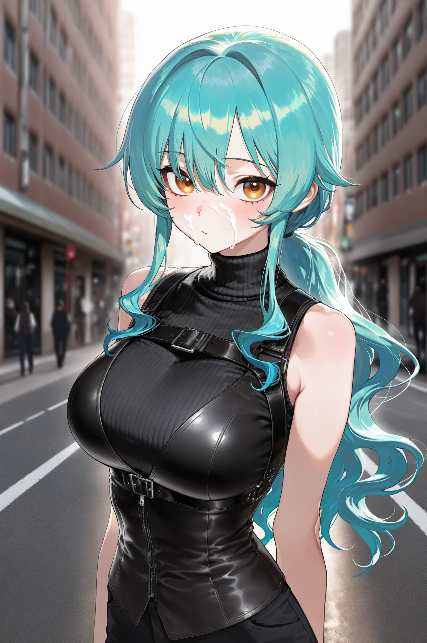 official art,very detailed CG Unity 8k 벽지, 완벽한 light,fancy, bright_front_face_light,glowing skin, (masterpiece),(best_quality:1.0), ultra high resolution,4K,very detailed, intricate details, photography, realistic, 8 thousand, hdr, mackerel, absurd:1.2, Kodak Portrait 400, film grain, blurred background, bokeh:1.2, lens flare, (vibrant_color:1.2), 1 woman, Shinobu Cookie, (Latex masks:1.4), (big bust:1.3), (mature woman), 25 years old, (cowboy_launch) , (White_t-shirt) , jeans , dokyo_distance