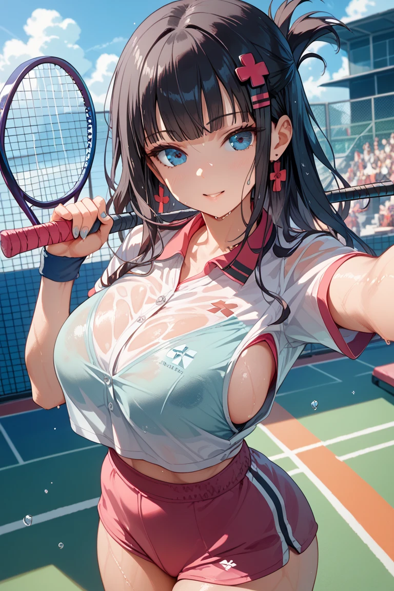 open open mouth，Dynamic，Dynamic,Side face，short detailed hair，Short hair，Lori huge breasts cleavage ，cleavage，The expression of kissing，is shy，Seduce a man's narrow small waist, tennis cosplay，(tennis court:1.3)tennis cosplay，（pleated super short skirt：1.4），（upper legs：1.3），（Extreme heat：1.5），Background bokeh，From top to bottom，cleavage，(Detailed eyes), Best quality at best, ultra - detailed, tmasterpiece, (Detailed face)，