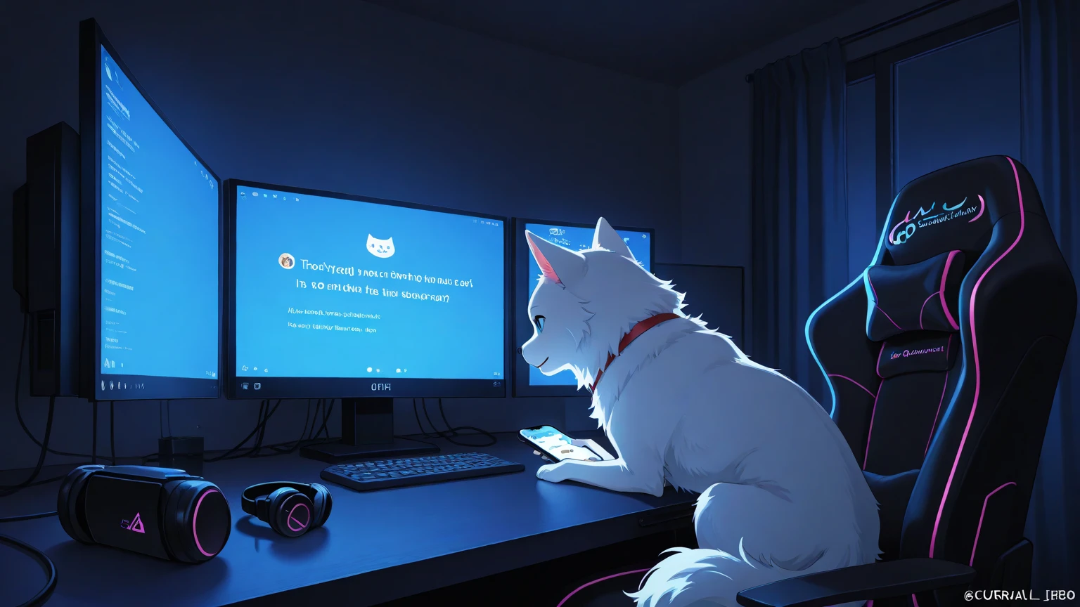 A female fox with very wide hips, huge breasts, skinny, huge thighs, huge ass, Light blue body, pure white belly and chest, pure white glowing eyes, pure white glowing sclera, and white highlights, Light blue long hair, Ghost white fur tufts, two light blue fluffy tails, very fluffy, acting nervous and shy, Sitting on the floor in a room with grey concrete walls, a sign in the background saying Laminax , a desk in the background with a wood chair and a laptop on the desk,