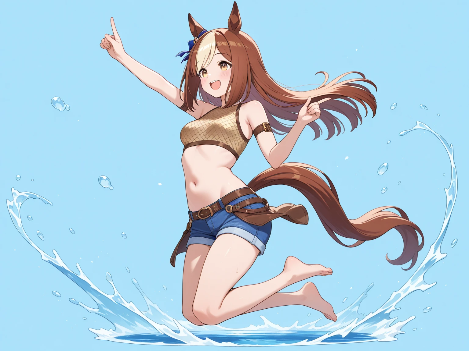 Girl wearing bikini riding a horse swimming on water, barefoots, bare legs, beautiful happy face
