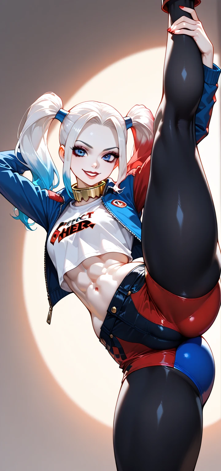 (ultra realistic,32k, work of art:1.2),(highly detailed skin:1.1),( 8k hd, dslr, high qualiy:1.1),(gazing at viewer, sitting down, from low:1.1),, Harley Quinn from suicide squad, playful and sensual pose, harleyquinn, two color hair, detailed hair, silky hair