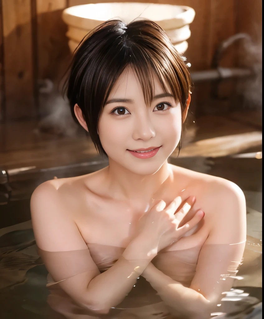 ((open clothes:1.3,areola,bare small breasts:1.4, bare nether region:1.5,bare navel,unclad,bare Lower body:1.5)),BREAK,photo,hyper realistic,in 8K,masterpiece,dynamic angle,acrobatic posing:1.1,professional lighting,high quality,high resolution,detailed background,18yo:1.2,detailed black eyes:1.1,best hands:1.2,facing forward,pefect anatomy,correct anatomy, character focus,(1 cute girl:1.2,public hair:1.5,small breasts:1.3),(sauna:1.2),(perfect nudity:1.3),wet body:1.5, (Sweat:1.5),smile, open mouth,looking at viewer,(steaming body:1.2,very humid,steam:1.1,fog,dampness),(sitting,spread legs wide:1.5),shorty,tiny,skinny,brown short hair:1.1,blunt bangs,glistening skin,shy smile,BREAK,
