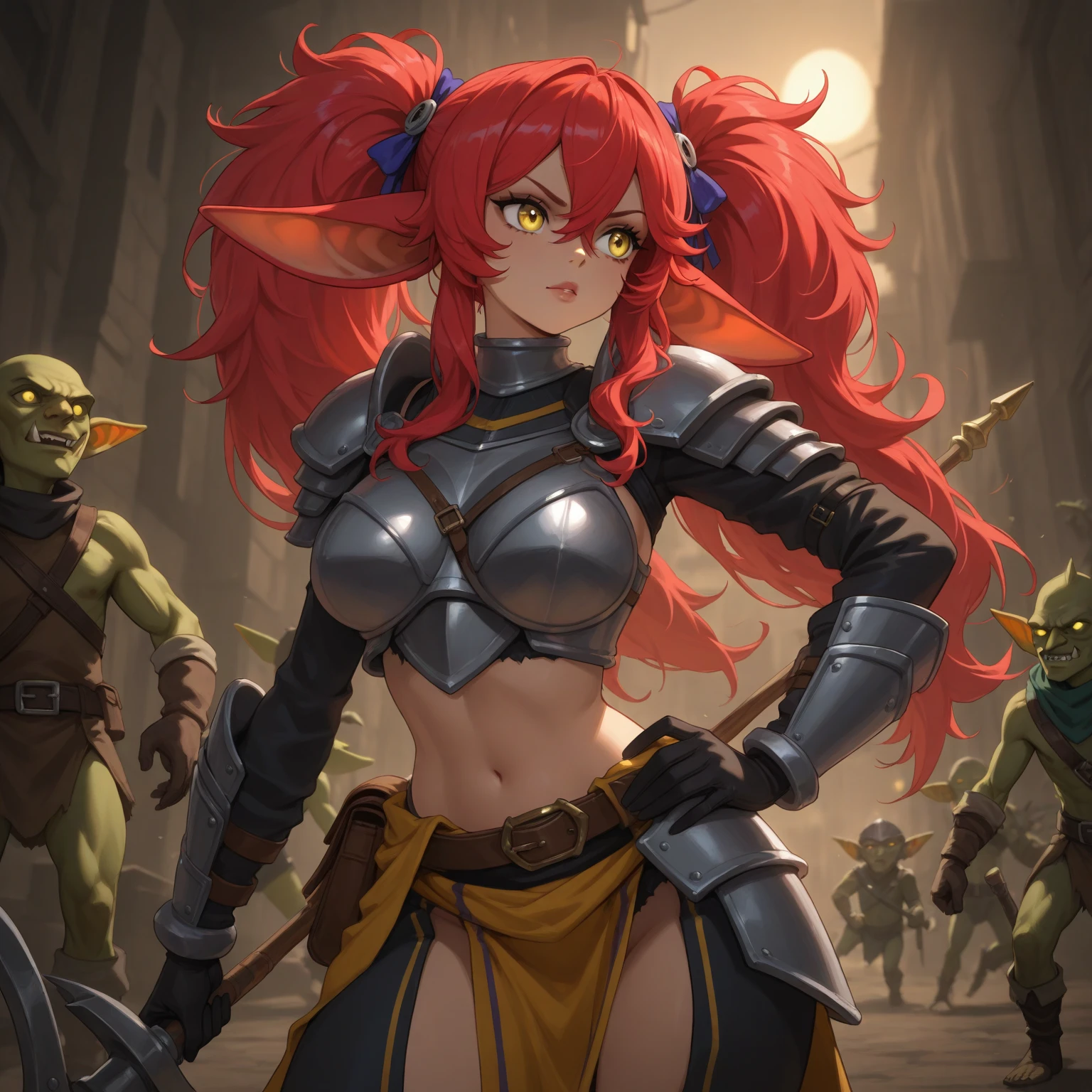 ((best quality)), ((masterpiece)), (detailed), (fight scene, action shot, battle in forest, goblins attacking female), (femalewarrior_olis), close to viewer, (red hair, green eyes, huge breasts, earrings, choker, o-ring, shoulder armor, armlet, bikini armor, underboob, corset, gloves, black panties, over-kneehighs), (sword, torn clothing:, armor torn off, fierce expression1.3), (nipple, wet, --auto --s2