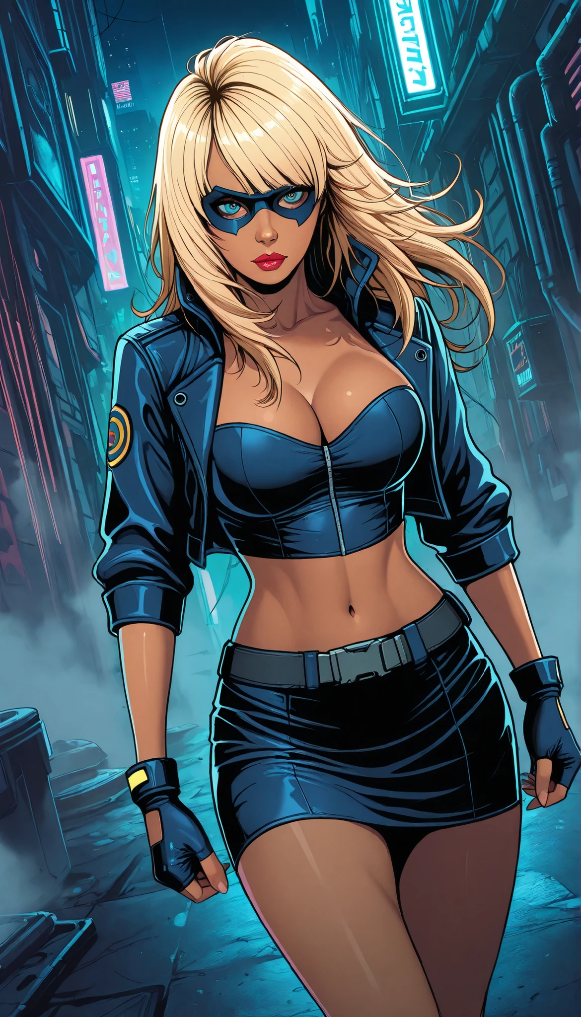 (1girl, NM_Stripperella), (extremely detailed CG unit 8k wallpaper),(master part), (best quality), (ultra detail), (best illustration),(dan mumford style), cowboy shot, dutch angle, close up, standing, facing viewer, looking at viewer, perfect face, perfect eyes, perfect fingers, traditional media, outdoors, cyberpunk city, alley, night, fog, neon light, break , upper body, solo, blue eyes, blonde hair, long hair, makeup, lipstick, , large , dark skin,dark-skinned female,
navel, midriff, crop top, cleavage, cropped jacket, jacket,mask, domino mask, skirt, miniskirt, pencil skirt, gloves, fingerless gloves, belt, holster,