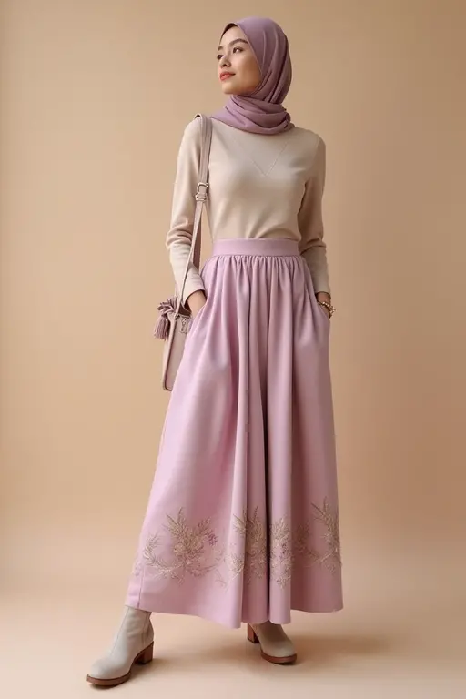 1girl, Solo, High Resolution, Masterpiece, Textured Skin, white skinned, young women, 20 years old, hijab, a beautiful young asian woman standing in a garden. She is wearing a light pink long-sleeved top and a long, light blue skirt. She has a white hijab covering her head and is holding a beige handbag in her left hand. The woman is standing on a gravel path with a metal structure in the background. There are plants and trees surrounding her. The overall mood of the image is casual and relaxed.