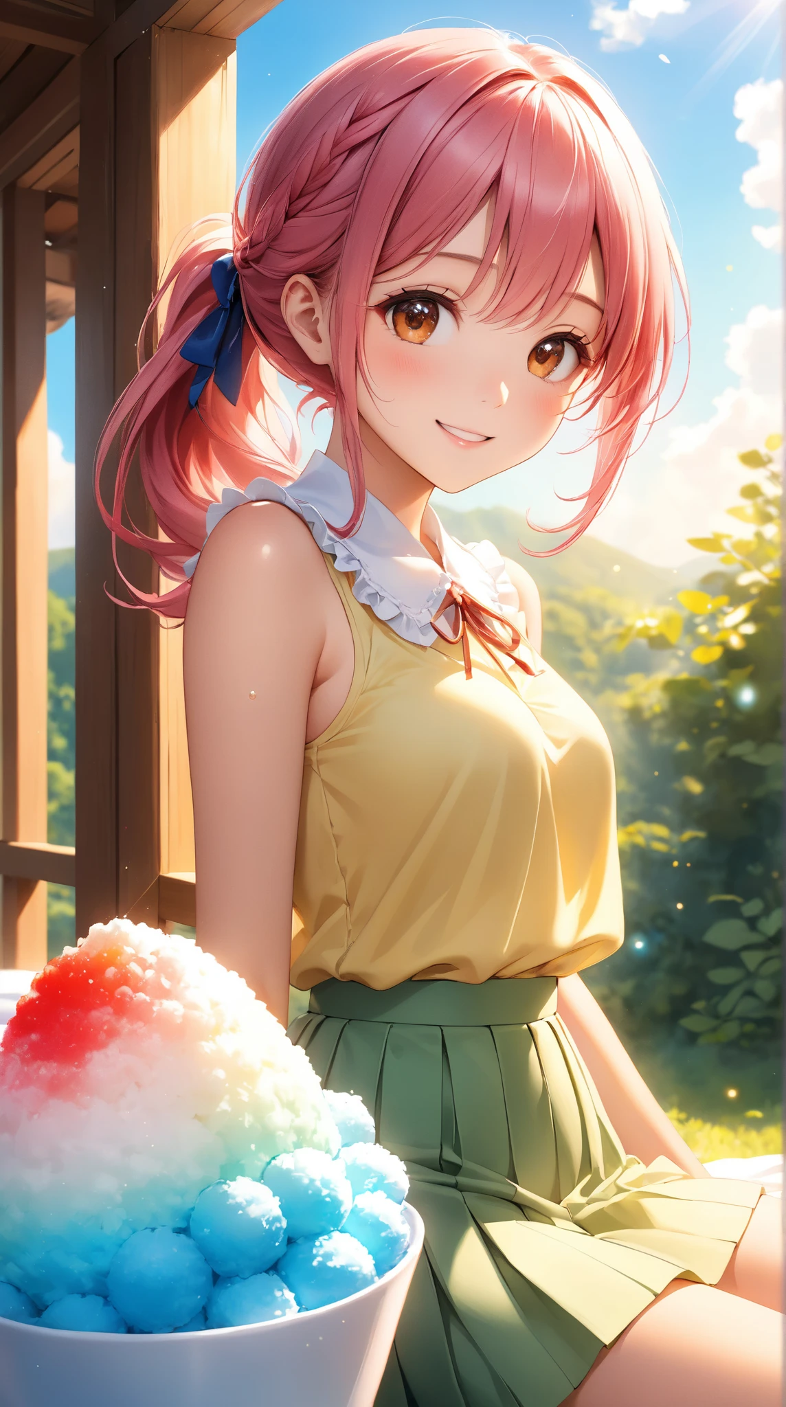 Masterpiece, top quality, blue sky horizon, raining, lots of hydrangeas, one girl, red hair, hair tied up, pink tank top, white hoodie, long white skirt, smile with mouth open, light blue sneakers