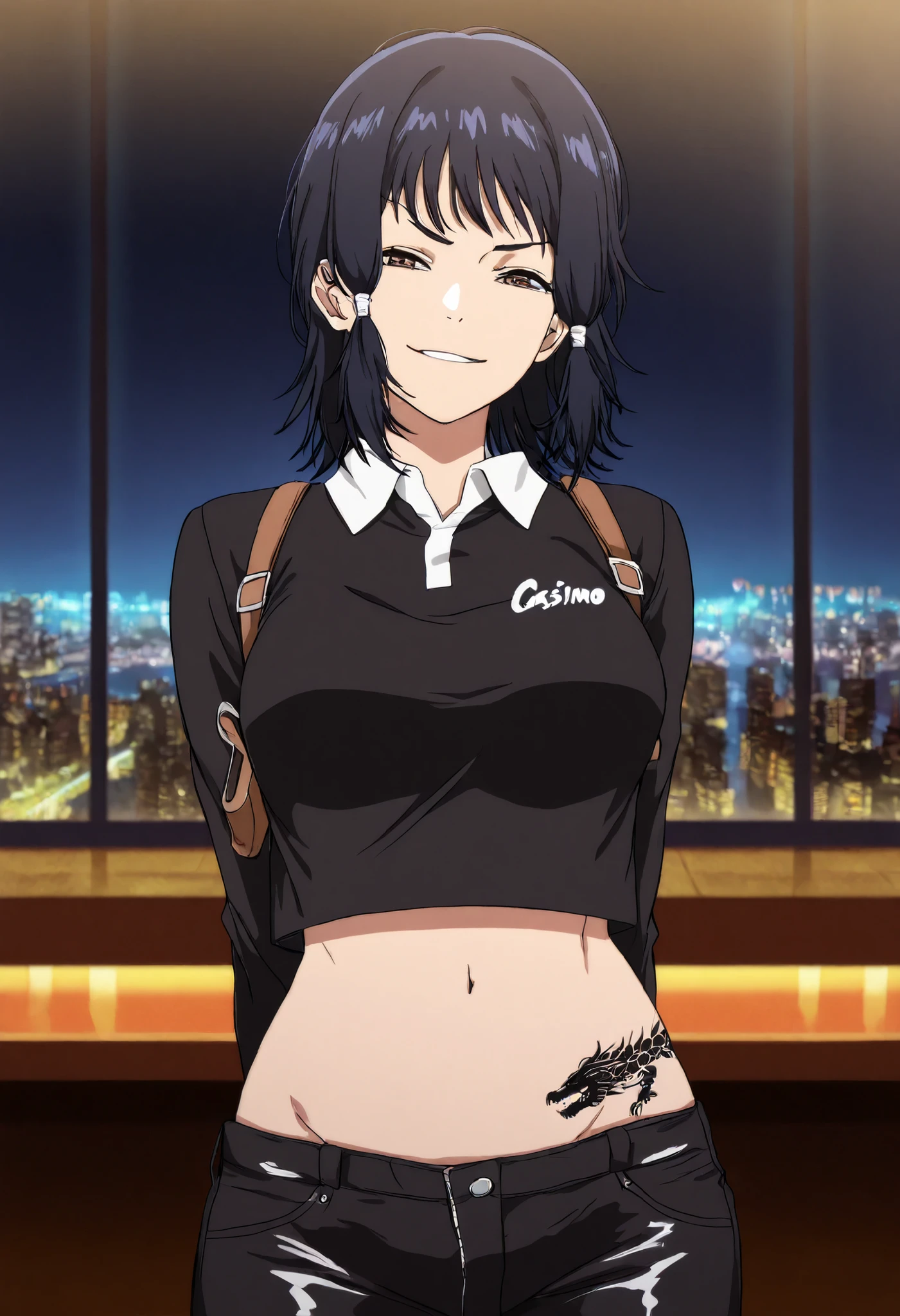 masterpiece, best quality, tiro de cowboy, Alone, 1 , m1fune, smile, looking at the viewer, standing, looking at the viewer, arms behind her back, short hair, black hair, hair tubes, brown eyes, open eyes, black shirt, collared shirt, camisa cropped, clothes written , long sleeve clothing, black pants, belly, bar background, inside bar,indoors, cityscape, casino, nightclub, city lights,, shadow, pull_down leather pants,(show off panties,:1.2, no panties), pull_down long black pants, pull_down black leather pants, , navel , shoulder holster,,, medium breast ,looking at viewer , dragon tattoo on waist, narrowed eyes, tattoo on waist, anipai_style , anime screencap , anime coloring, v-shape eyebrows,