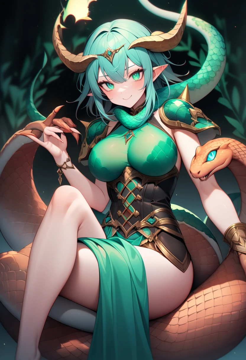 4k,hight resolution,One Woman,dark green hair,lamia,egypt god,Costume with golden decoration,jeweled costume