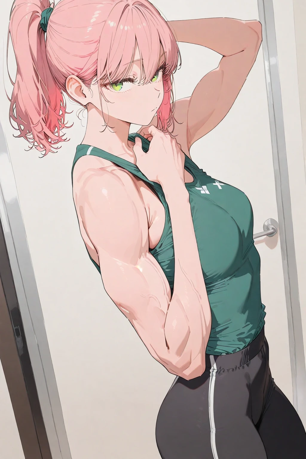 1 girl, {{{Mirai Kuriyama, short hair, light pink hair, (light pink hair), bob cut, yellowish brown eyes, red glasses, nervous and small eyes, (nervous and shy look), (shy and nervous smile), Stripe, (Pink short bikini), (light blue skirt), pantimedias, (black pantyhose), small breasts, (small breasts)}}}, beautiful girl, {{{standing or standing full body image}}}, {{{Wear black high heels}}}, poses her beautiful black heels standing {{{is stopped}}}, {{{muscular abs}}}, {{{muscular belly}}}, in a school classroom, (in a school classroom), (((Best Quality))), (((8k quality))), (((ultra best definition))), ((better face definition))), (((Perfect face))), (Perfect face:1.1), (sharp focus:1.1), trend on Artstation, intricate, high detail, sharp focus, (((arms, hands, legs, cakes, Perfect face))), (((perfect body))), (((correct features))),(((best anatomy))), (((noise removal))), (((perfect and clear face))), (((ultra perfect eyes))), (detailed focus of eyes))), (((Eye correction))), (((Masterpiece))).
