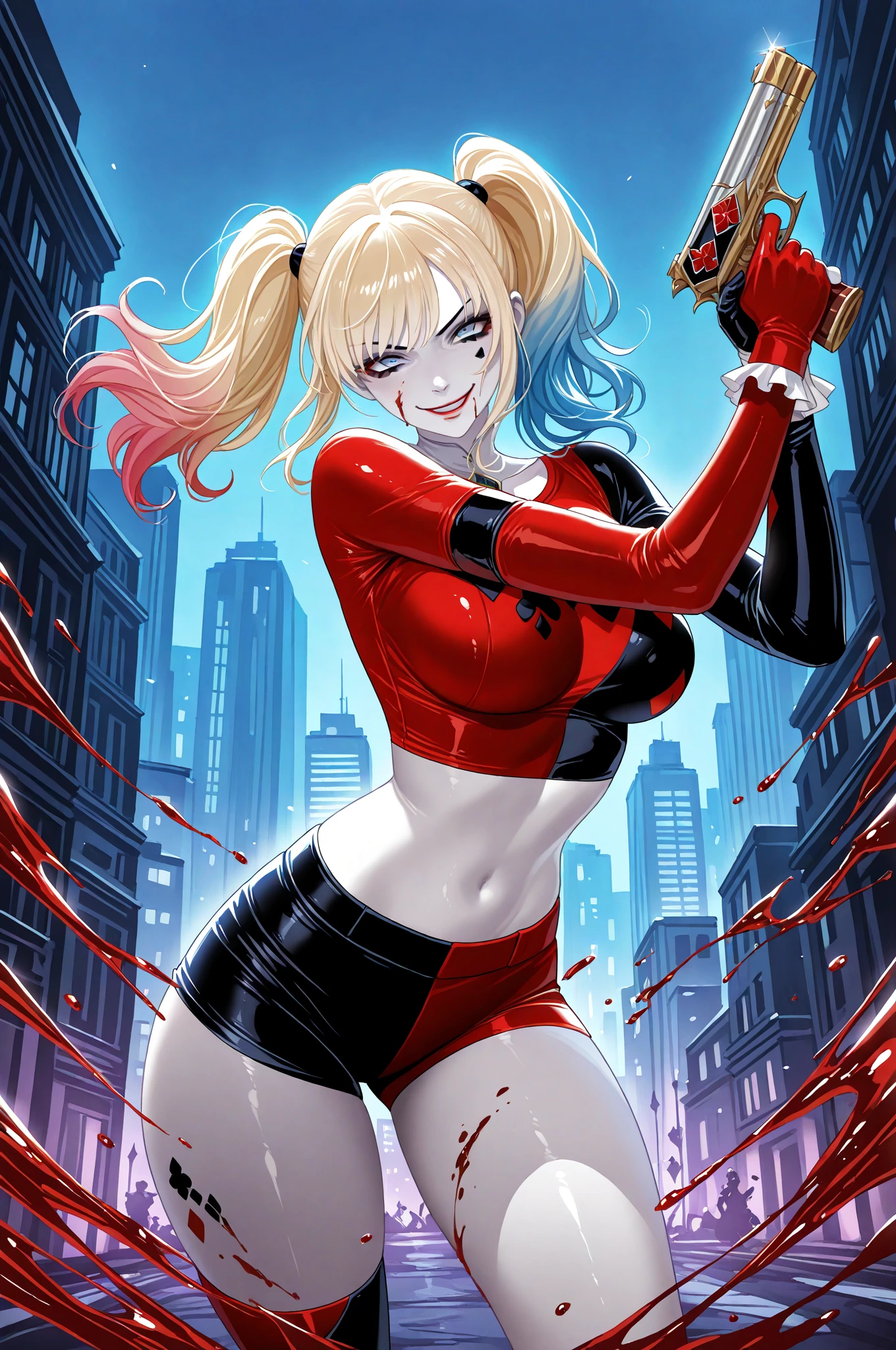 (masterpiece, best quality:1.2), <lora:harley_quinn_(batman_arkham_knight):1>, harley quinn (batman arkham knight), 1girl, solo, breasts, twintails, multicolored hair, blonde hair, makeup, pantyhose, cleavage, lipstick, red hair, skirt, medium breasts, red lips, two-tone hair, multicolored clothes, asymmetrical clothes, eyeshadow, nail polish, o-ring, layered skirt, large breasts, gradient hair, detached sleeves, frilled skirt, mismatched sleeves, belt, sitting, university campus, studying, determination