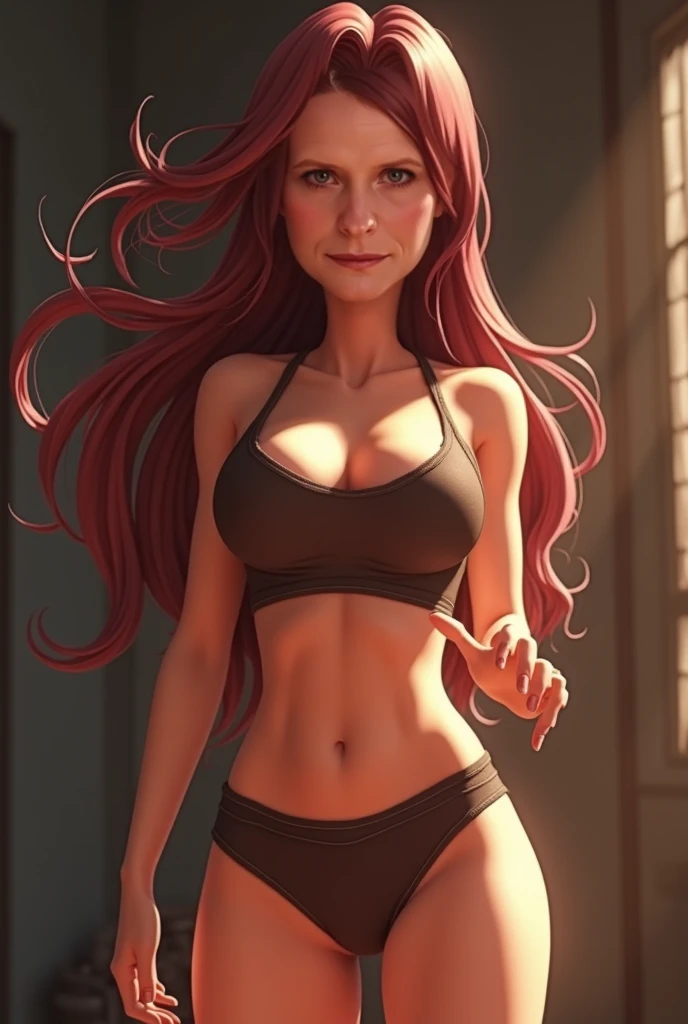 photo of a stunning redhead woman, medium perky breasts, round firm butt, six pack abs, sheer white micro thong, thigh high socks (tug life)