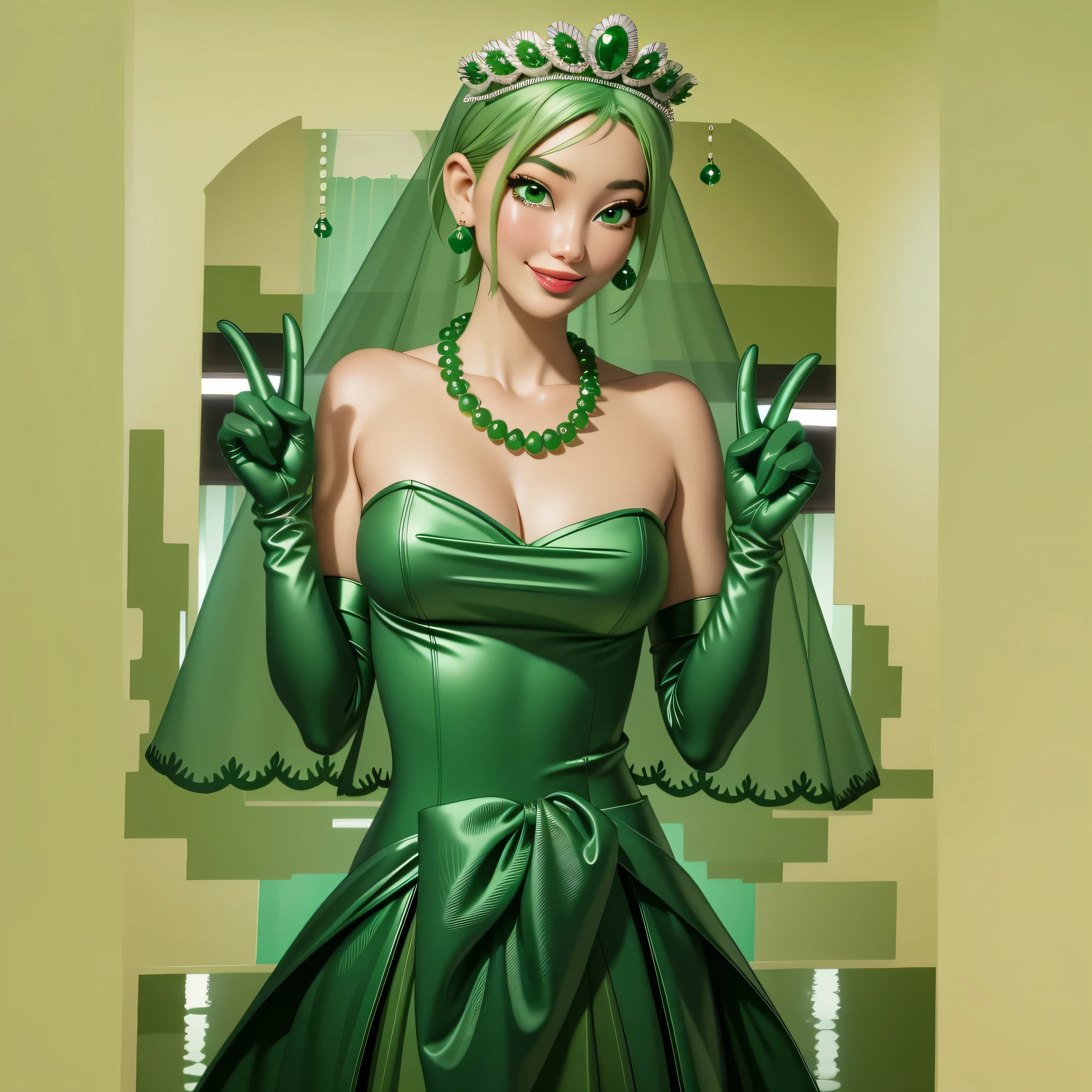 Emerald tiara, Green Pearl Necklace, Boyish very short green hair, Green Lips, Smiling Japanese woman, Very short hair, Busty beautiful lady, Green Eyes, Green satin long gloves, Green Eyes, Emerald Earrings, Green veil, all, Green Hair, Beautiful Japanese Woman, green lip gloss