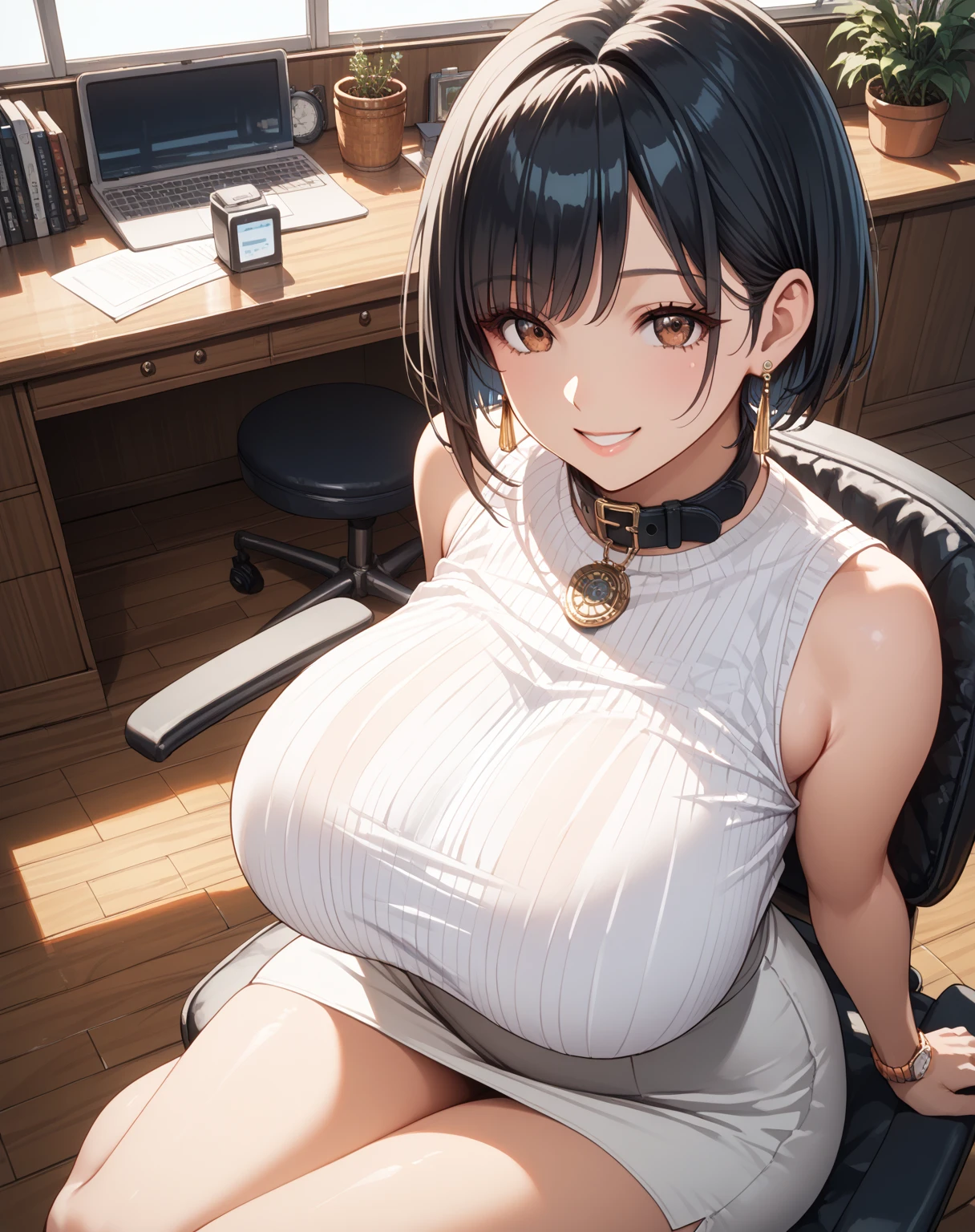 Adult women、(masterpiece:1.4)、(in 8K、realisitic、Raw photo、top-quality:1.4)、(Real Face:1.4)、(real looking skin:1.3)、超A high resolution、A hyper-realistic、Brown eyes、full bodyesbian、high detailing、cute face、耳环、black hair shorthair、a secretary、Office Worker、(Business Suit)、Black pants、(huge-breasted:1.5)、Blushing、meeting room、to stand、a bunch of files and documents