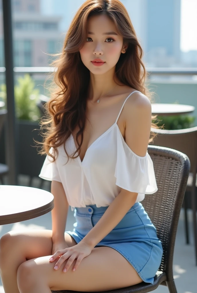 (extra detailed body、extra detailed face、best qualtiy:1.2)、femele、looking at the viewers、(White see-through tops、Jeans shorts、Shake your head、a smile)、(Shopping mall in the background:1.4)