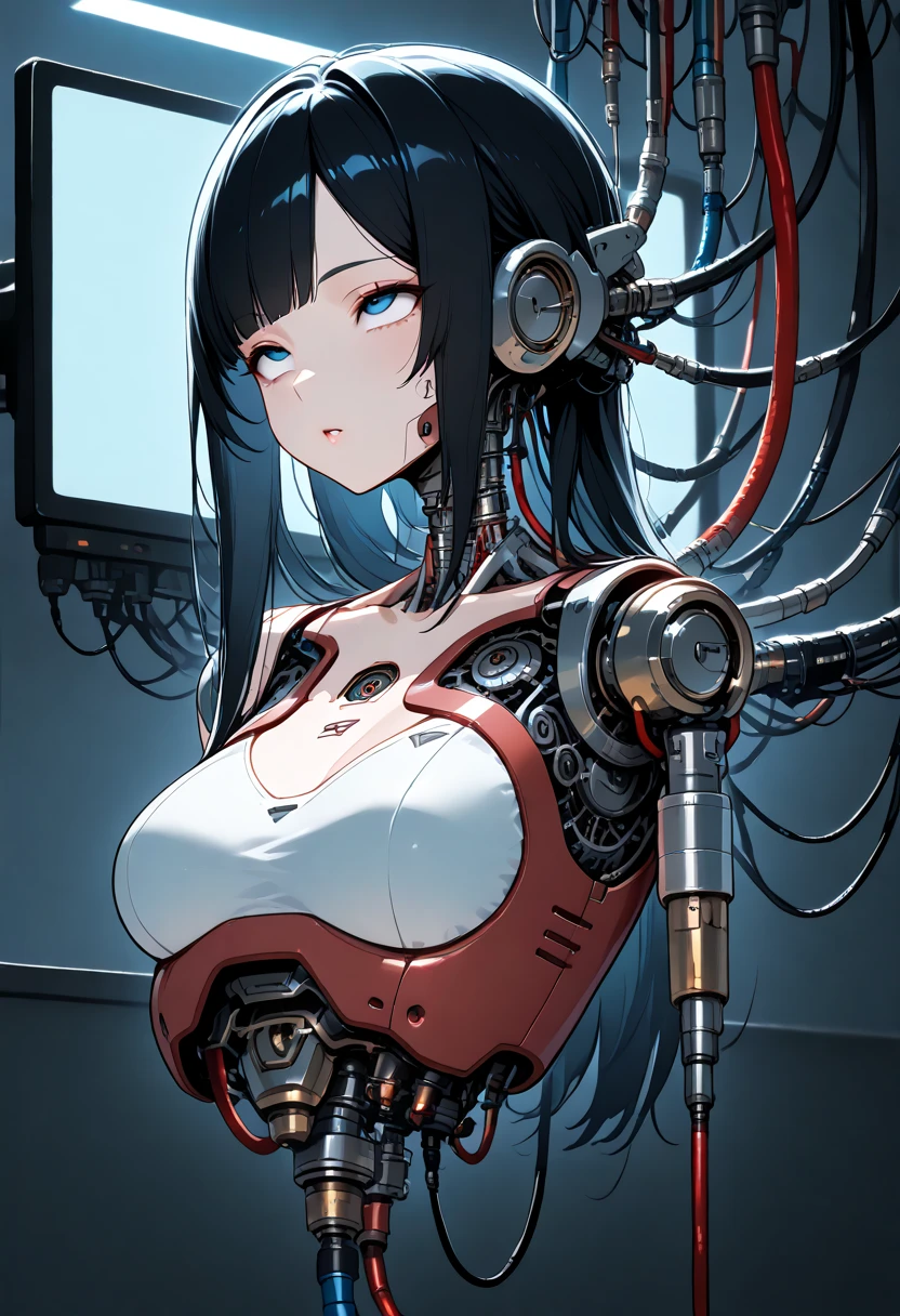 (((masterpiece))), (((Highest quality))), ((Very detailedな)), (Detailed CG illustrations), ((Very delicate and beautiful)),Cinematic Light,((One Mechanical Woman)), alone,mature,(Big and ample breasts),(Plump), (((The crotch is open))),((Thighs)),((Sitting)),whole body, (Machine made joints:1.4),((Mechanically cut muscle blood vessels connected to tubes),((Mechanical cervical spine attached to the neck)),(Wires and cables connected to the head and torso:1.5),short hair,(Character Focus),sf, ,((Very detailed,colorful)),Best details, ((background: basement))