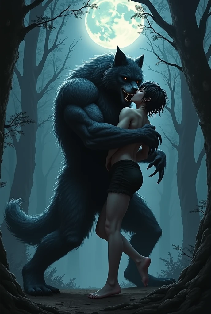 Hairy shirtless muscular werewolf kissing a super muscular shirtless man 
