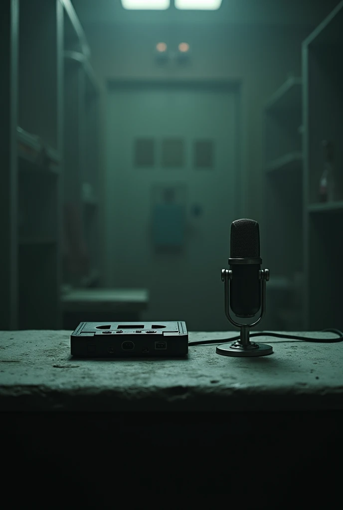 Make a dark room with a lamp above making it throw light towards the floor, the light reveals a microphone, from the microphone behind the microphone there are books, skulls and fog. Also behind the microphone