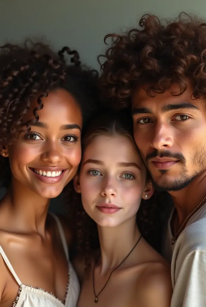 A Brazilian couple with short curly brown hair and brown skin, and girl with curly brunette hair and snow white skin 