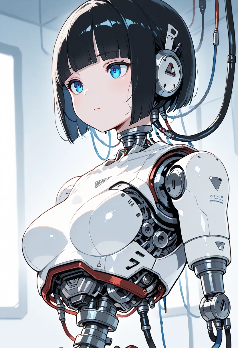 masterpiece, best quality, extremely detailed, Japaese android girl,android teacher,Plump , control panels,android,Droid,Mechanical Hand, ,Robot arms and legs, Black hair,Mechanical body,Blunt bangs,White Robotics Parts,perfect robot woman,Charging spot,Long Tube,A thick cable was connected to her neck,ceramic body ,android,robot humanoid,a bit chubby,panty,full eyes,perfect mechanical body,white robotics body,future assembly plant,white body,She has repaired,black sponge joints,android assembly plant,android,laboratory,perfect machine body,white robot body,blue eyes