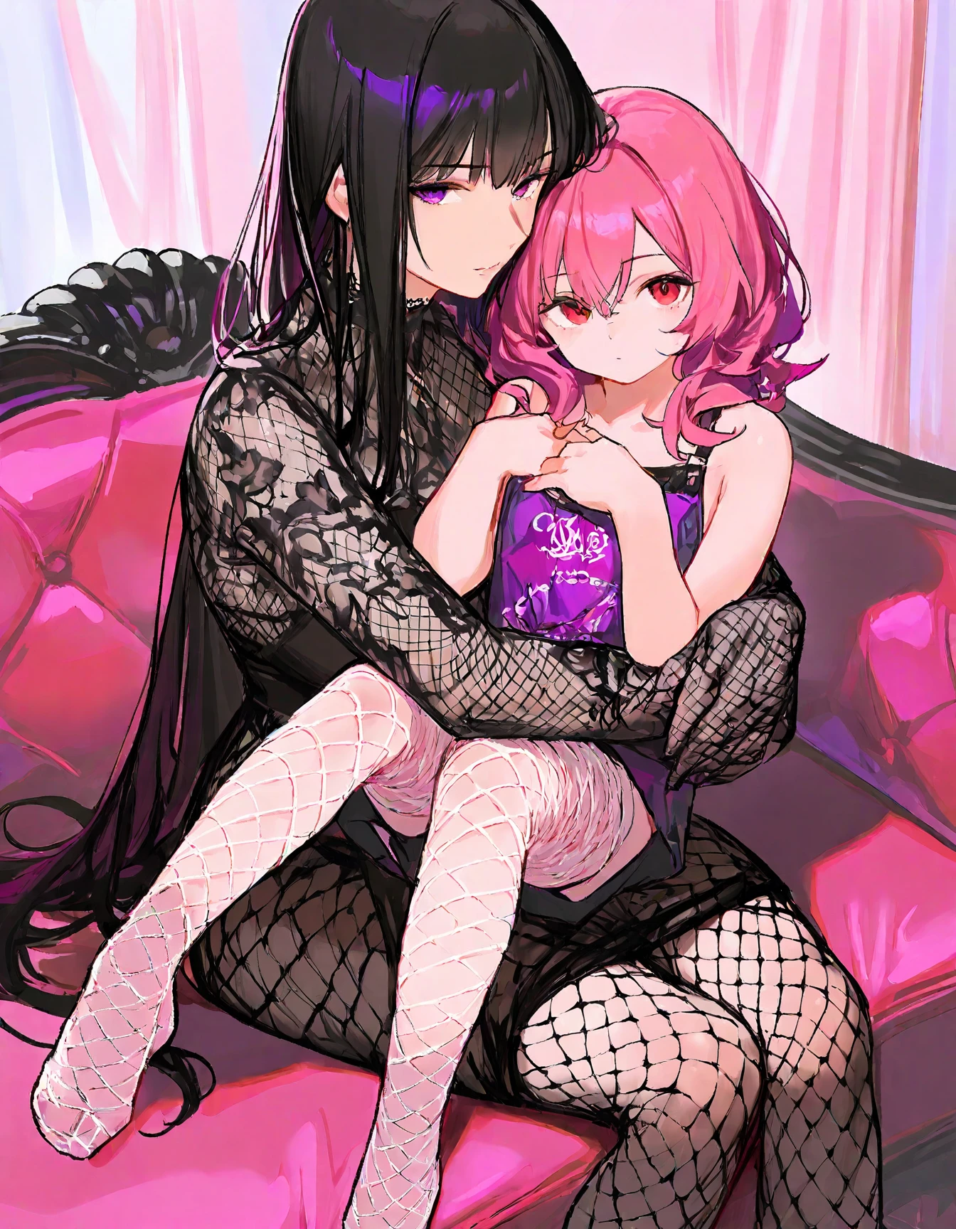 Full body lesbian，"((({{tmasterpiece}}))), {{Best quality at best}}, {{A high resolution}}, ((2  girls)), {{Yuri}}, ((kisses:1.4)), ((Chisloch, France}}, {{With his eyes closed}}, ((Tongue rest)), ((saliva)), ((groping)), {{Put your hands on it}}, {{makeup mood}}, {{Gothic}}, ((Number of institutions)), {{8K}}, {{Detailed pubic hair}}, {{obsessed}}, hair black ando purple, Pink hair dress Ando Aoi