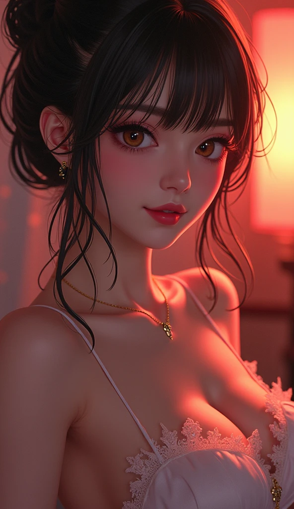 A beautiful anime girl, extremely detailed and realistic, elegant face with large expressive eyes, long eyelashes, small cute nose, full sensual lips, long silky hair, flawless porcelain skin, no bra, revealing her ample breasts, provocative pose, photorealistic, cinematic lighting, vibrant colors, highly detailed, 8K, masterpiece