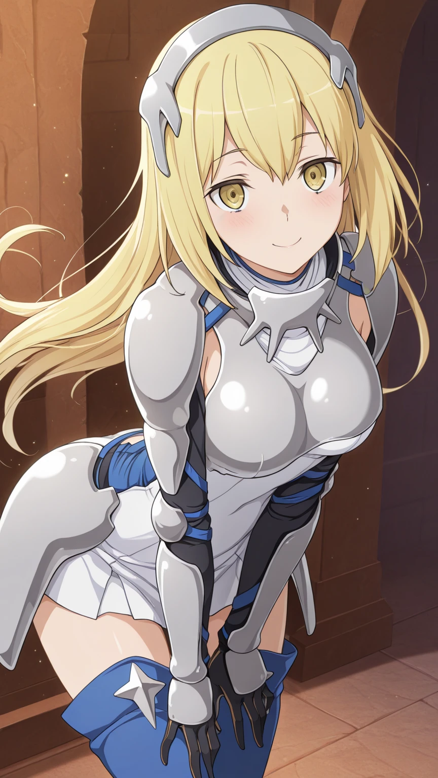 yellow eyes,blonde hair,(blush,pleasure,delight,orgasm,cleanched teeth,,embarrased,rolling eyes)((open door doorway)),full body, 1girl, solo, blonde hair, armor, long hair, straight hair, thighhighs, boots, dress, yellow eyes, thigh boots, blue long boots, blue footwear, covered navel, breastplate, shoulder armor, gloves, white dress
