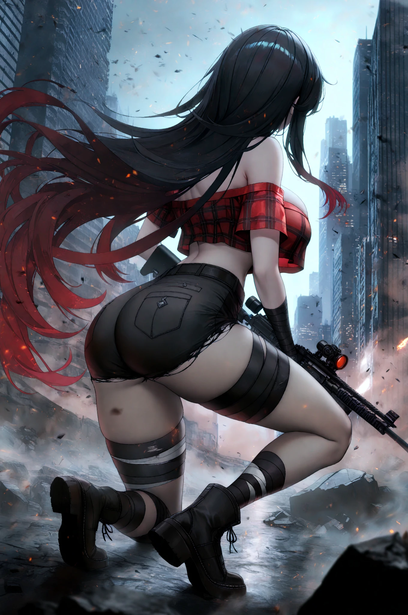 Last girl standing in end of the world, vampire Apocalypse, ((black hair, red highlights)), glowing blue eyes, huge perfect breast, high heels boots, blood splatter, model pose, red black outfit, stocking, tight fix, (((more blood))), hot legs, boobies on focus, crossed hot legs, white blood splatted background, hot boobies, ((garter belts)), tight fix, lacy chlotes, blood splatted, wearing a mask, white background with blood, (fullbody),  character 1.5,  (black bunny), ((hot ass))